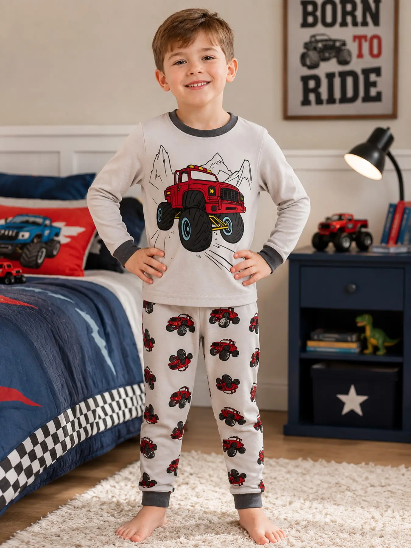 Boys' Long Sleeve Pajama Set, Cartoon Car Print, Comfortable Casual Home Wear, Flame Retardant Fabric, Suitable for Spring Summer Fall, Ages 2-9