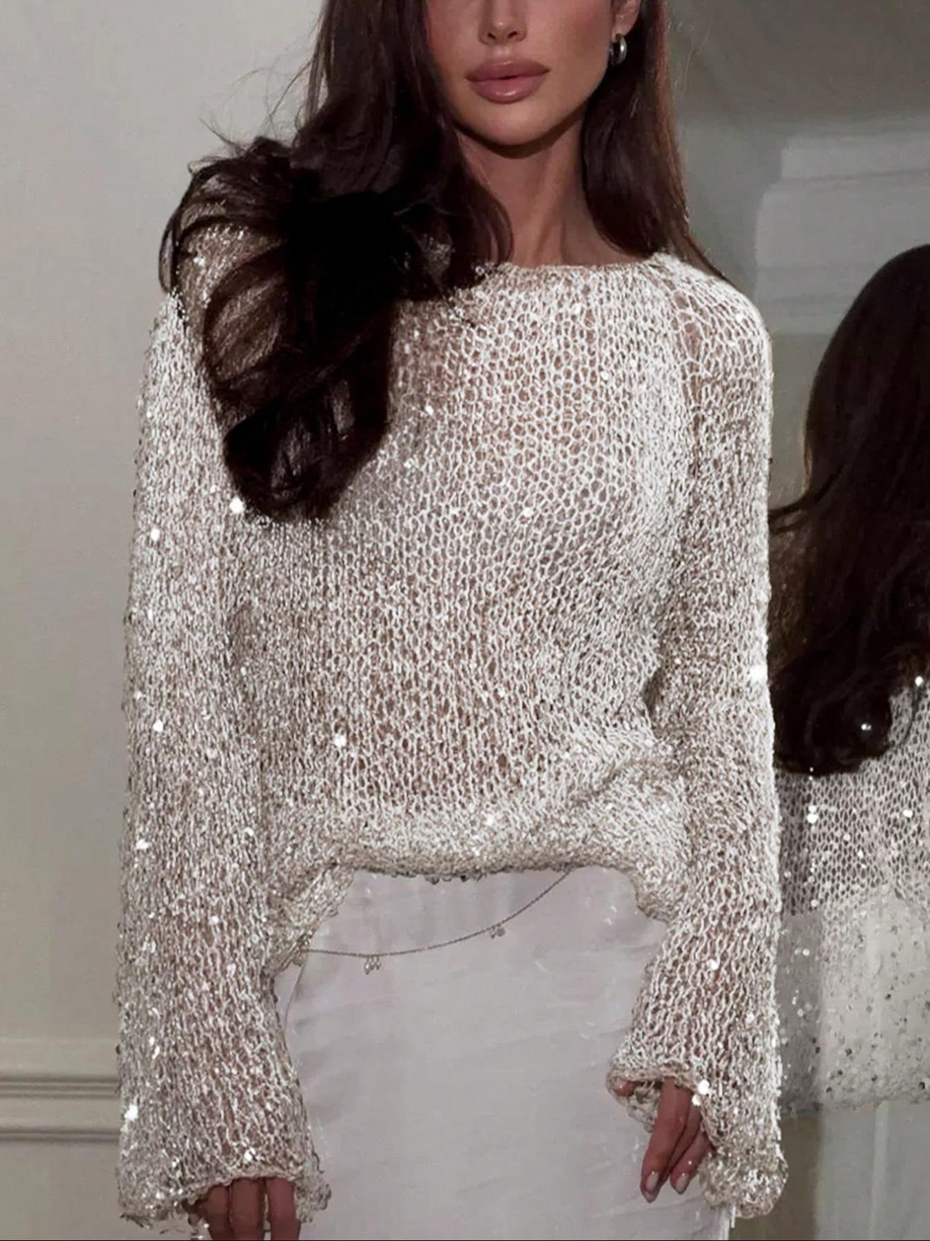 Women's Loose-Fit Hollow Out Sequins Long Sleeve Round Neck Pullover Sweater Knitwear, Casual Knitted Top for Spring End & Autumn Initial