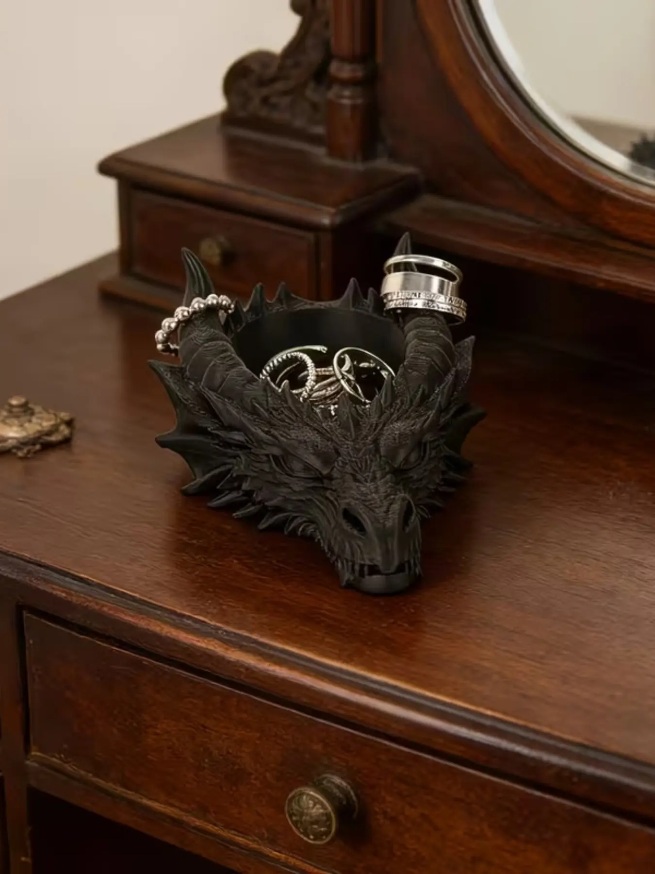 Gothic Dragon Head Jewelry Organizer Tray, Dark Theme Decorative Ring Necklace Holder, Stylish Storage Solution for Accessories