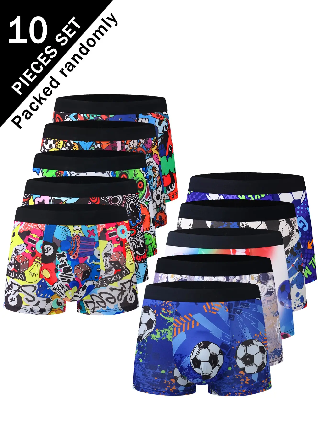 10 Pcs Men's Boxer Briefs, Vintage Street Graffiti Colorblock Print, Mid-Waist High Stretch, Comfortable Sporty Trunks for All Seasons