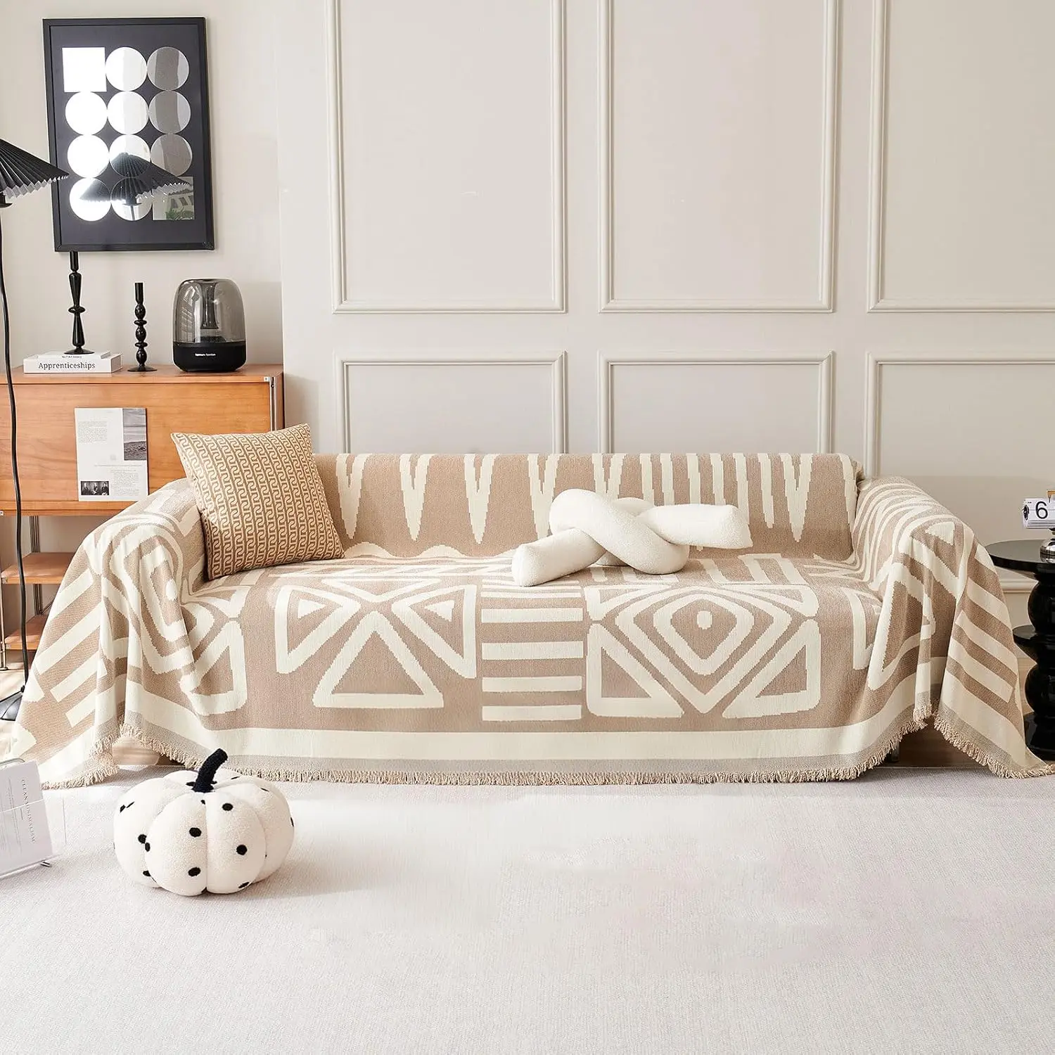 Couch Cover, Boho Tribal Geometric Sofa Cover, Beige-White, 71X118 | Chenille Fabric, Soft Thick, Easy Care, Dog Western Couch Cover for 2 Cushion Couch Sofa, Multi-use Furniture Protector