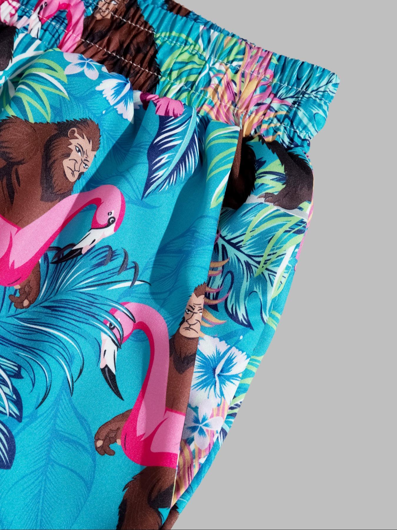 Men's Monkey & Flamingo Print Boxer Brief Swim Trunks, Regular Fit Casual Comfy Swim Shorts for Summer, Men's Swimwear for Beach Vacation