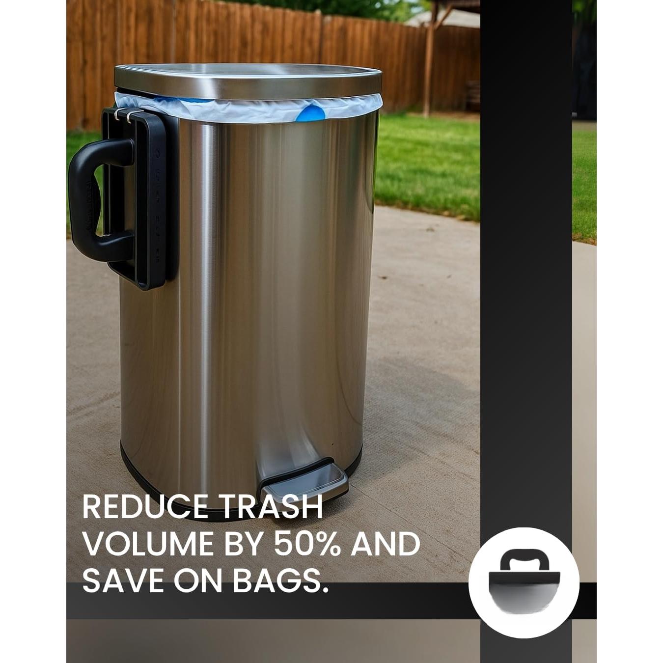 Manual Trash Compactor Tool - Hand-Held Garbage Press with Built-in Hook - for Kitchen  Bin - Space Saving Design - No  Required - Freestanding - Black