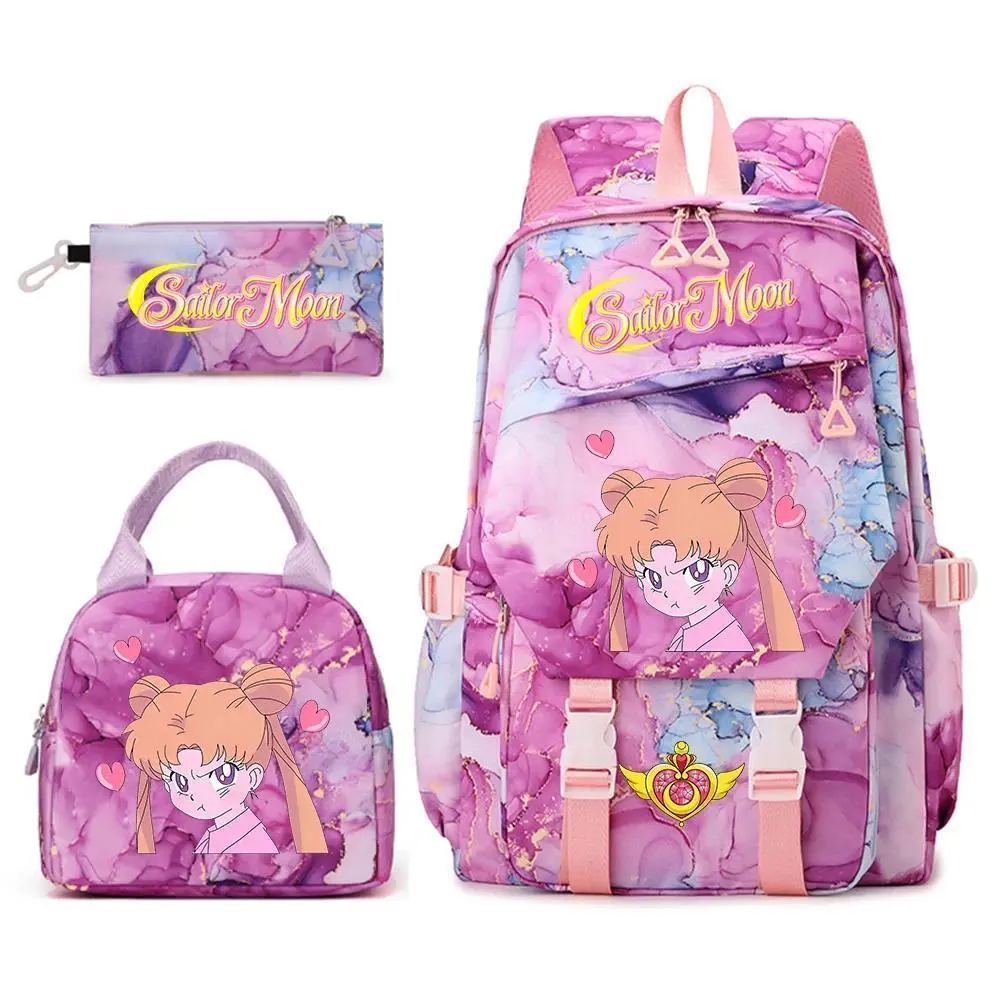 Girls Sailor Moon Print Bookbag Set of 3 Shoulder Backpack Lunch Kit Pouch for Elementary Middle School Student