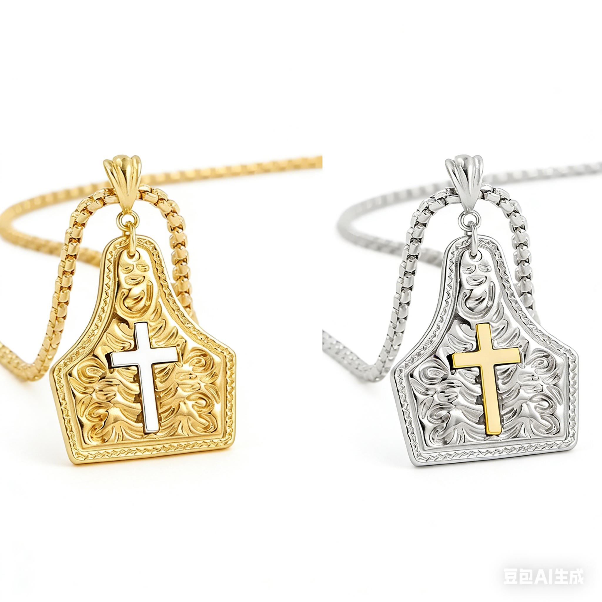 Western Cowboy Cross Pendant Necklace – Two-Tone Embossed Chain for Men & Women, Bold Gift for Him or Her