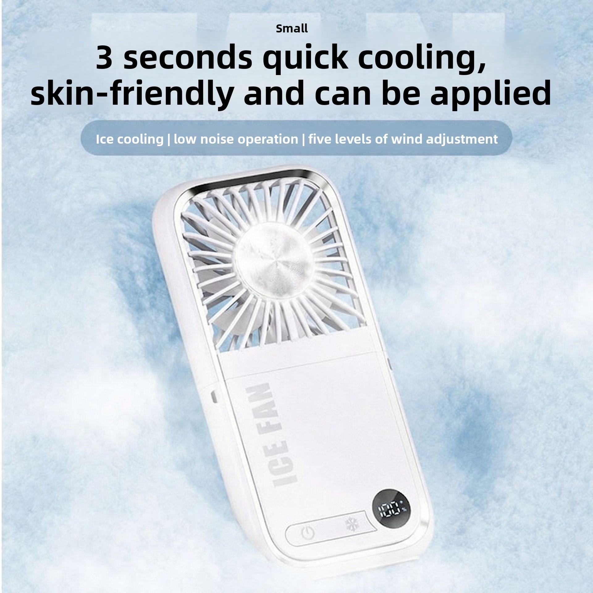 tylish and versatile personal fan with digital display, foldable design, and dual-use for neck hanging or handheld. Built with ice compress cooling technology, USB rechargeable, ultra-portable for outdoor, travel, office and daily use. Low noise, strong w