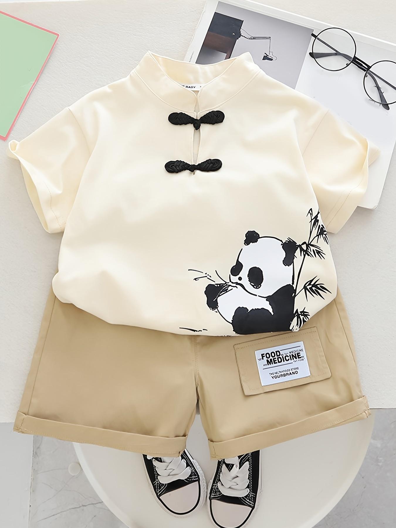 (New)New Summer Children's Chinese Style Short-Sleeve Set with Little Panda, Perfect for Outdoor