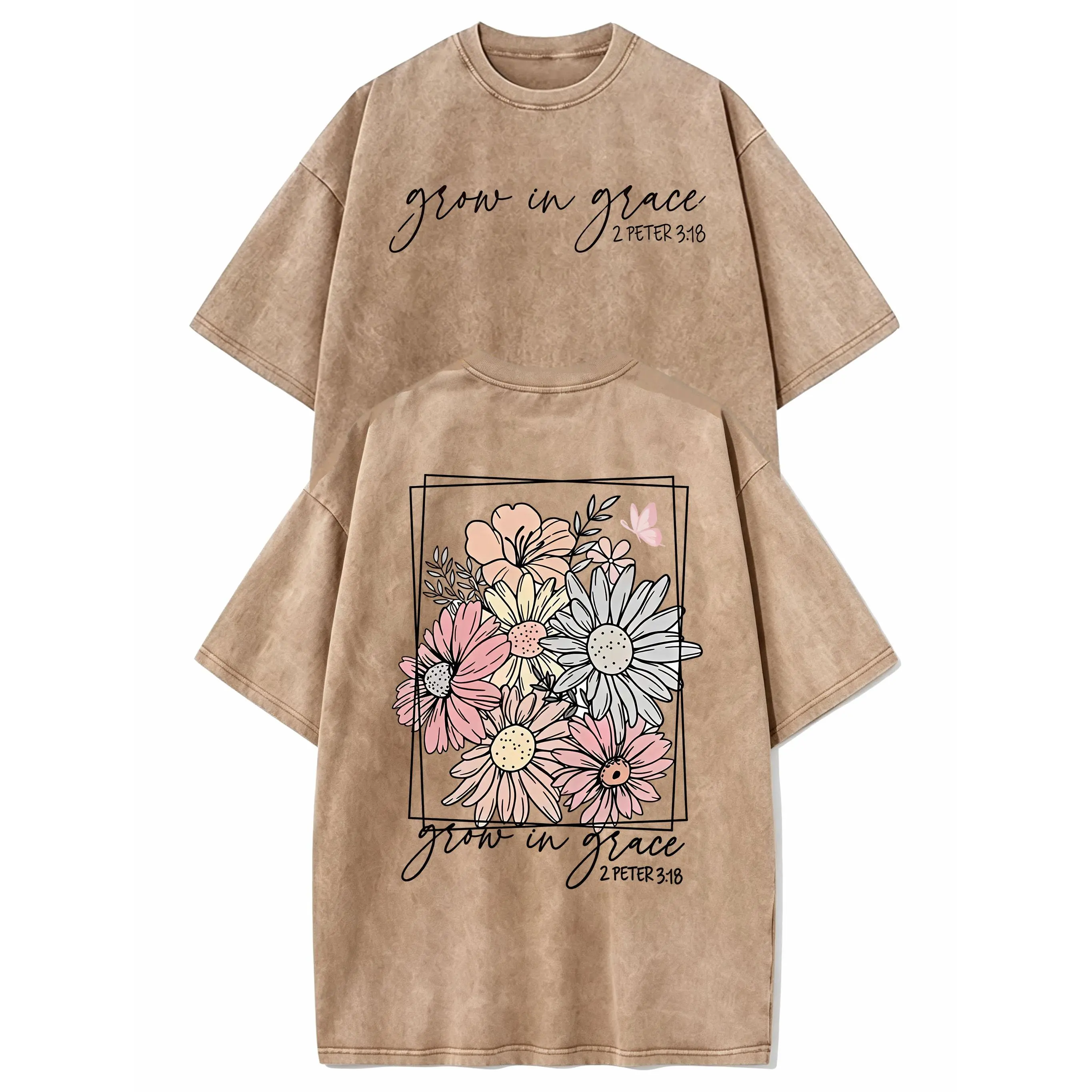 Men's & Women's Grow In Grace 2 Peter 3:18 Vintage Washed T-Shirt Vintage Front & Back Floral Print 100% Cotton Oversized Tee