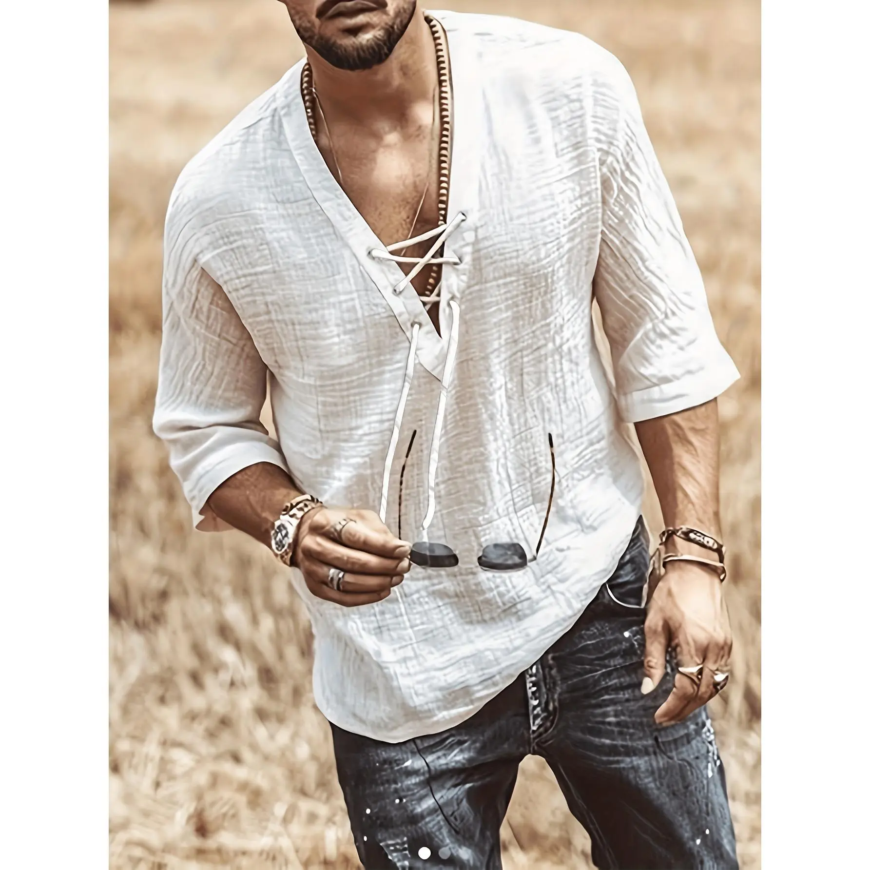Men's Summer Casual V-Neck Breathable Short-Sleeve Fashion Drawstring Solid Color Anti-Wrinkle Fabric T-Shirt