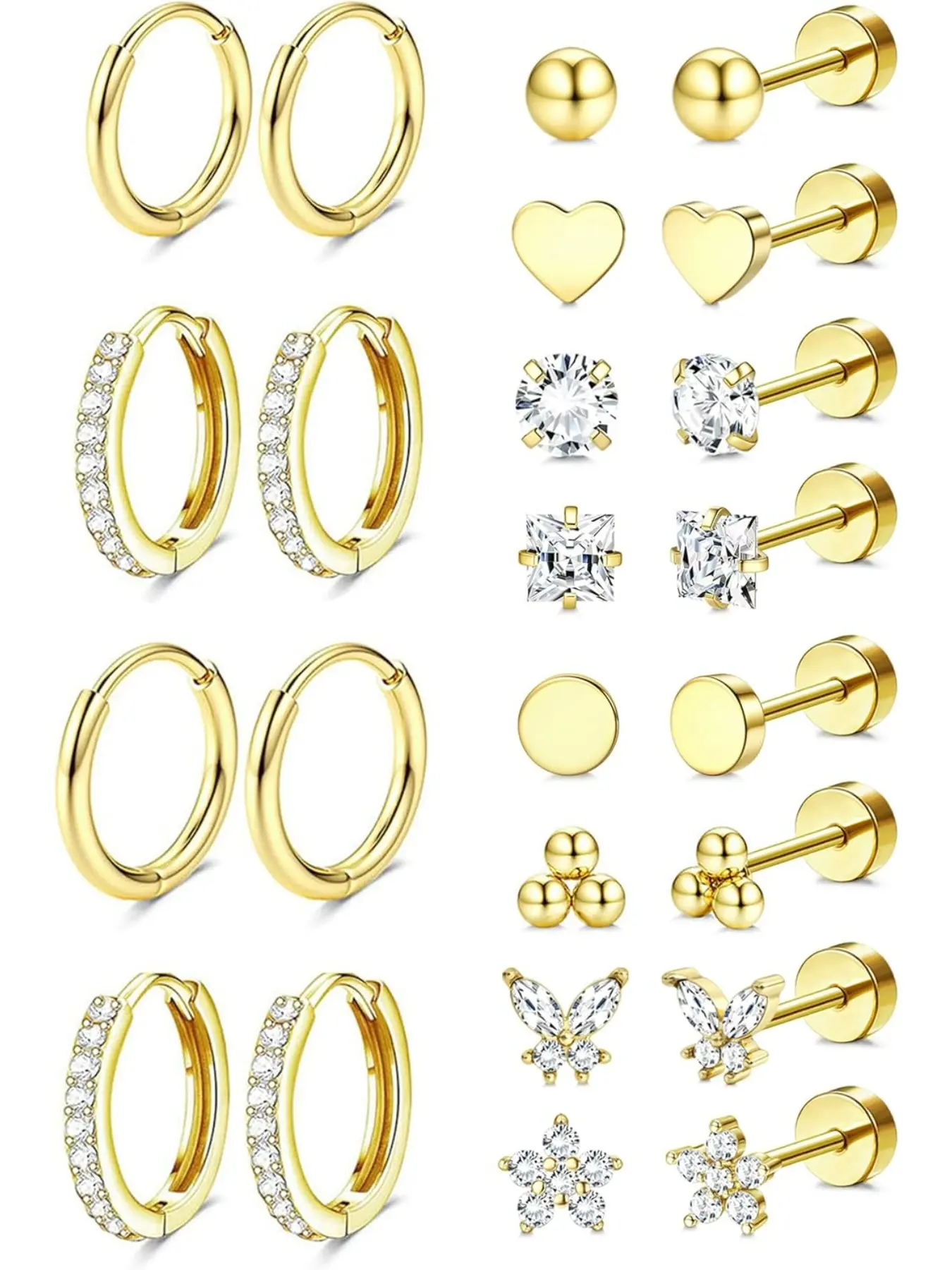Hypoallergenic Earrings for Sensitive Ears, Comfortable Flat Back Earrings for Sleeping, Surgical Steel Cartilage Earring Stacks for Multiple Piercing 14K Gold Plated Nickel-Free Jewelry