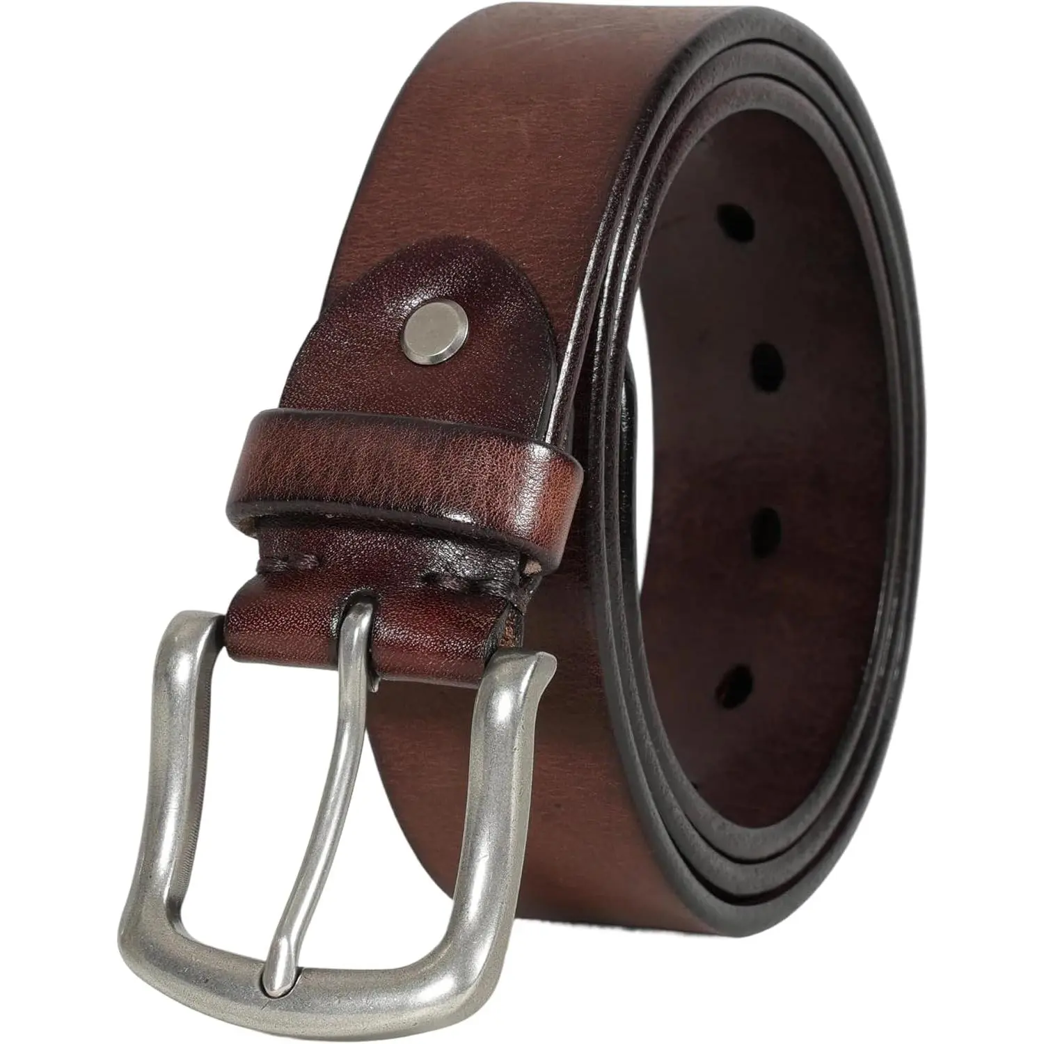 Genuine Cowhide Leather Belt, 38mm Width,  Style with Antique Buckle, Dark Brown