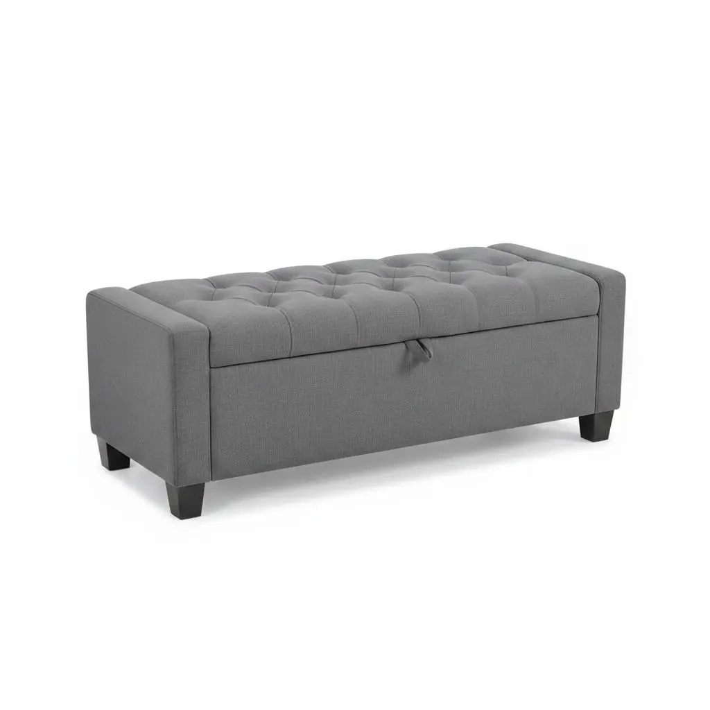 Spacious Storage Ottoman Bench – Gray Linen-Style Upholstered Entryway Shoe Bench with Rubber Wood Legs, End of Bed Organizer for Bedroom or Living Room, 123x49x42cm