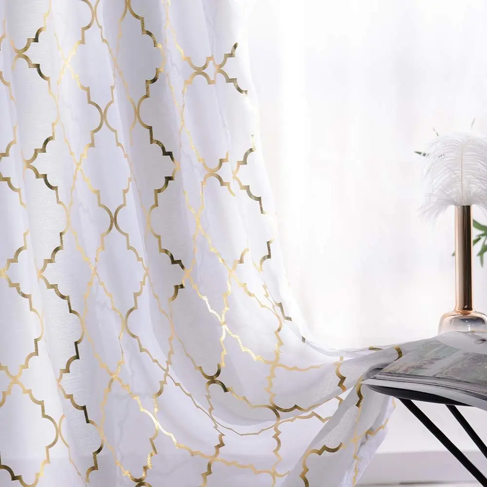 Sheer Curtains 63 inch Length Metallic  and White Voile Curtains for Bedroom Golden Moroccan Modern Tile Lattice Design 2 count, 52x63 Inch