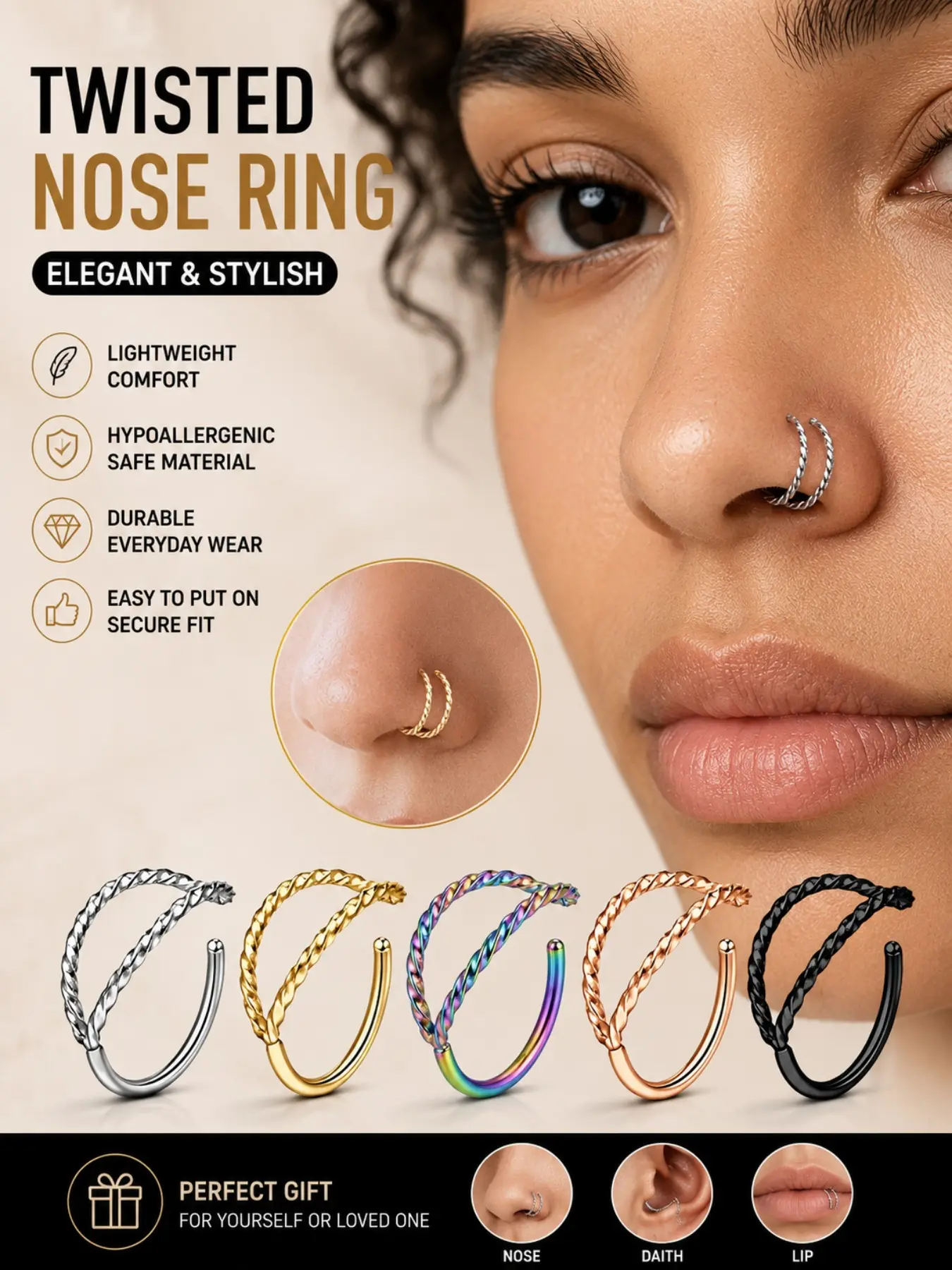 5 Colors Twisted Double Hoop Nose Ring – Stainless Steel Spiral Faux Double Nose Hoop, Stylish Lightweight Piercing Jewelry for Women & Men