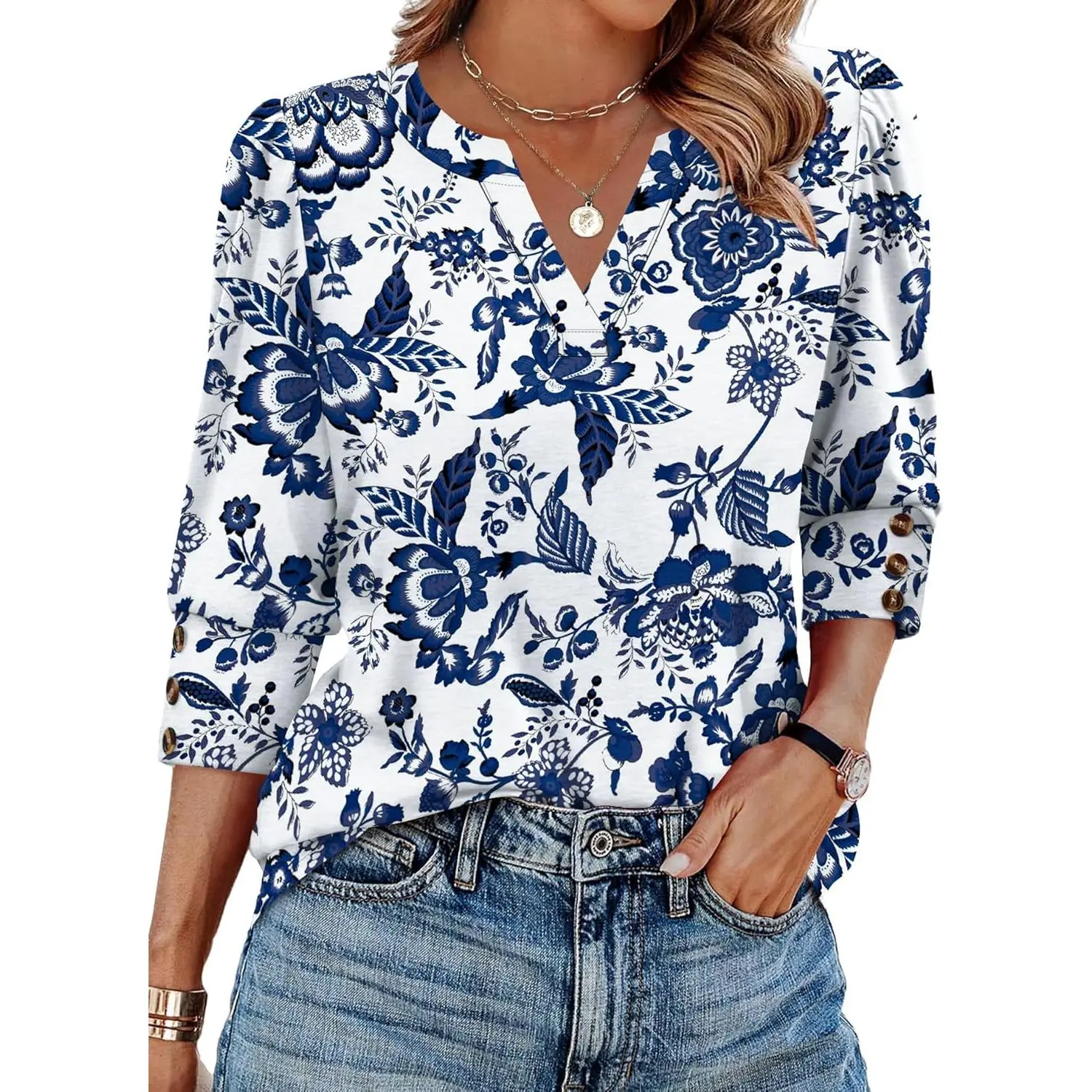 Women's 3/4-Sleeve Shirts & Blouses - Button Cuffs, V-Neck, Dressy Casual, Beach Outfits for Ladies & Teachers (Spring, Summer, Early Fall Wear), School, Comfortable, Printed, Loose, Solid, Trendy Blouses, Tops, Fashion