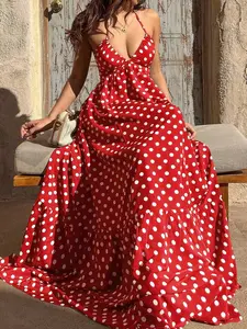 Polka Dot Halter Maxi Dress with Deep V-Neck, Open Back Tie Closure and Tiered Hem, Elegant Empire Waist Flowy Long Dress for Summer, Vacation and Evening Wear