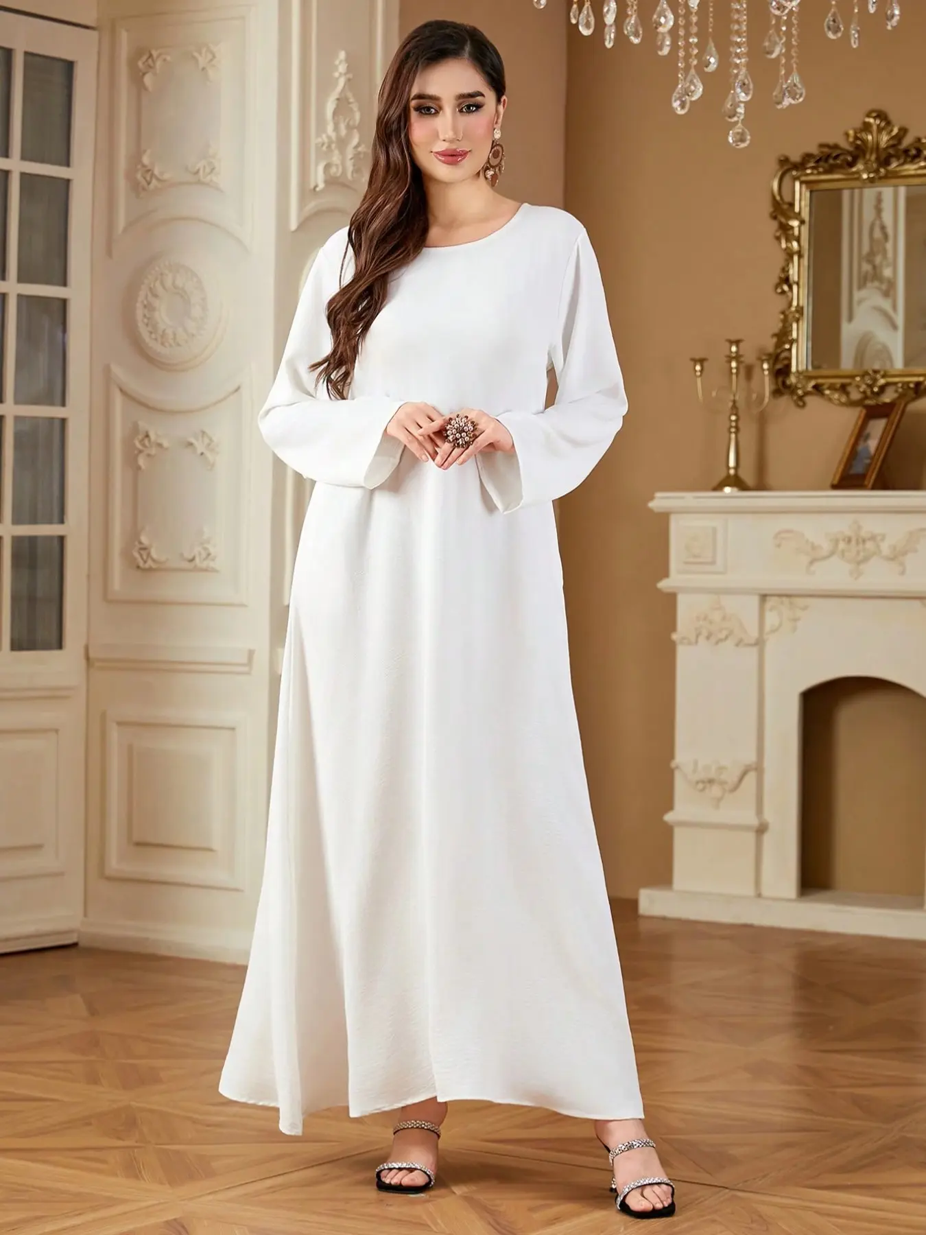 Minimalist Plain Round Neck Long Robe, Flowy Wide Skirt Loose Bell Sleeve, Daily Home Outdoor Versatile Solid Color Dress, Bell Sleeve Dresses