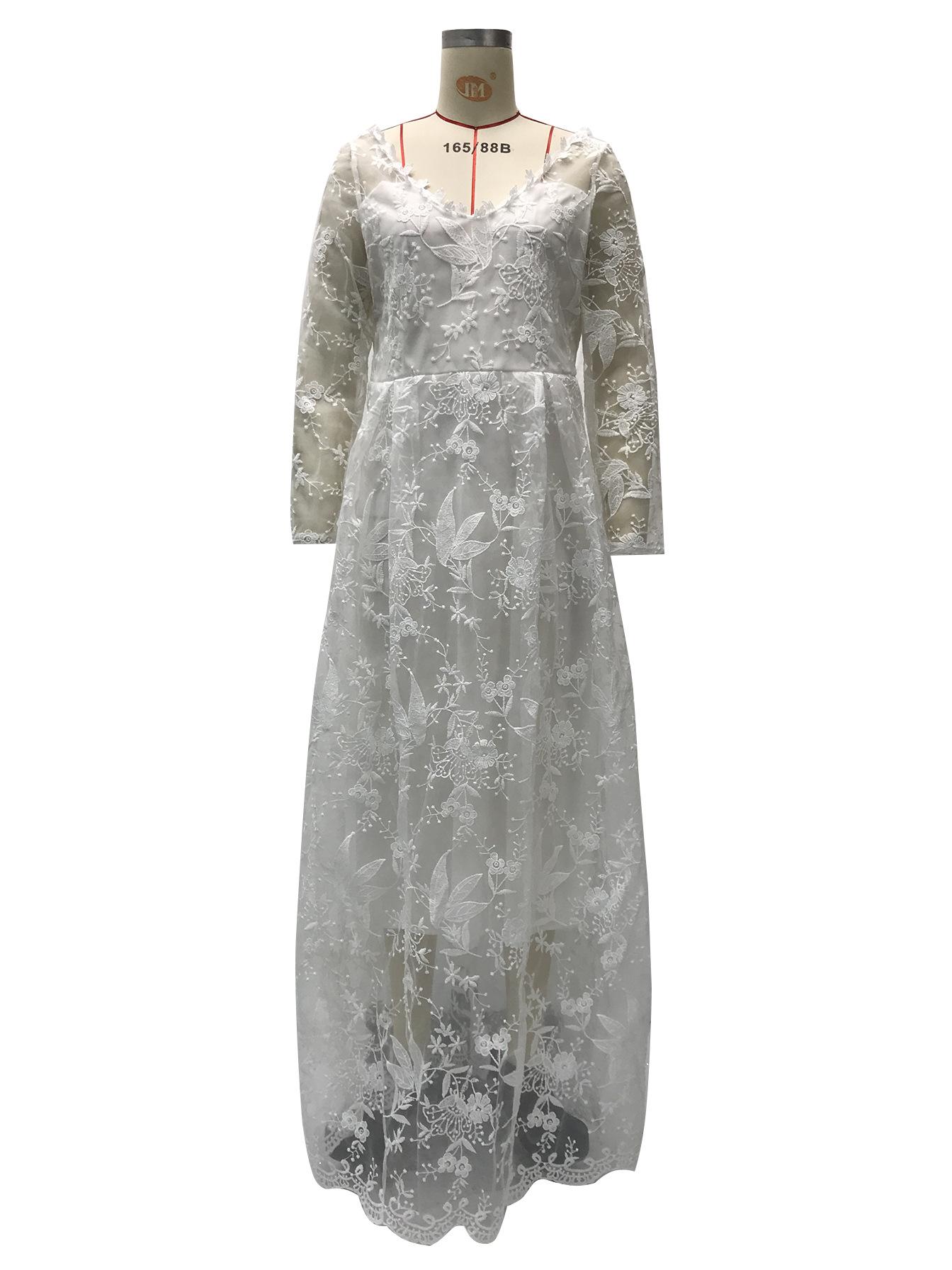 2026 New Style Women's Long-Sleeve Solid Color Sheer Lace Wedding Dress Bridal Gown