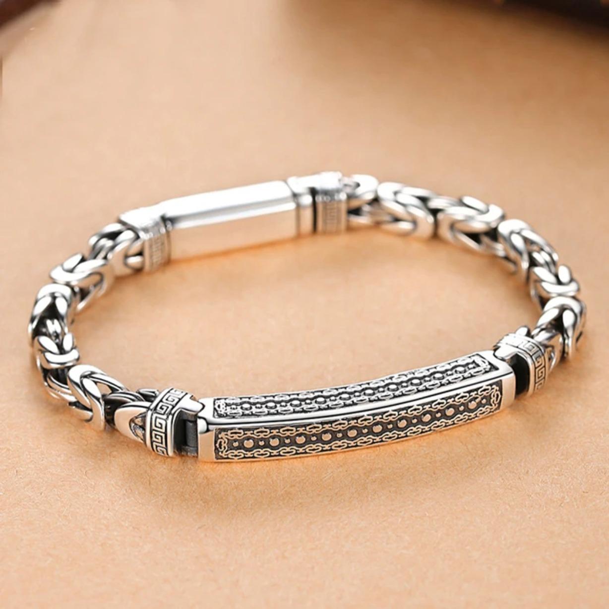 Men's 925 Sterling Silver Bracelet Retro Peace Symbol Hipster Key Buckle Bracelet Personality Street Style Jewelry Gift Accessory