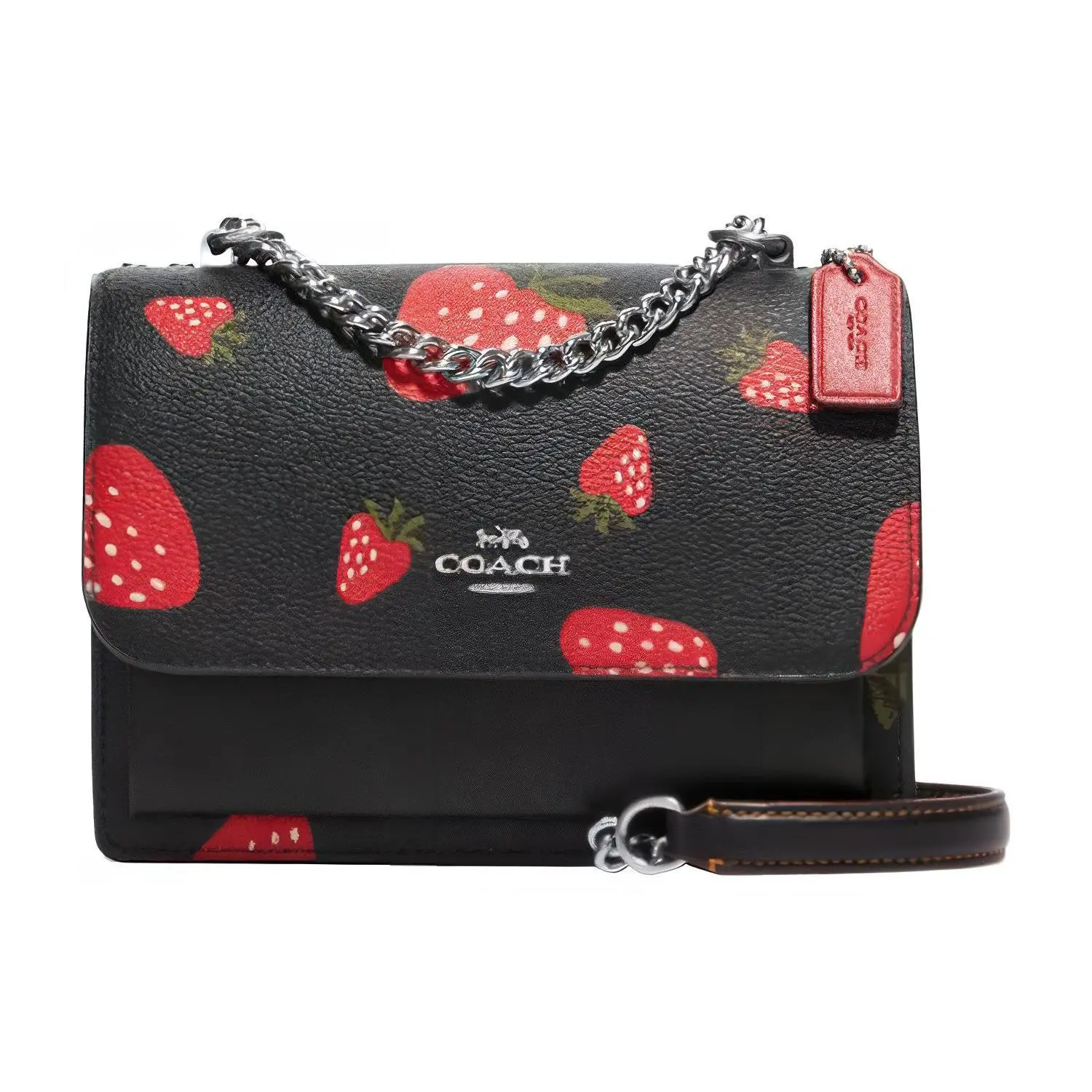 COACH Klare Strawberry Print Chain-Strap Leather Pleated Crossbody Bag for Women, Black