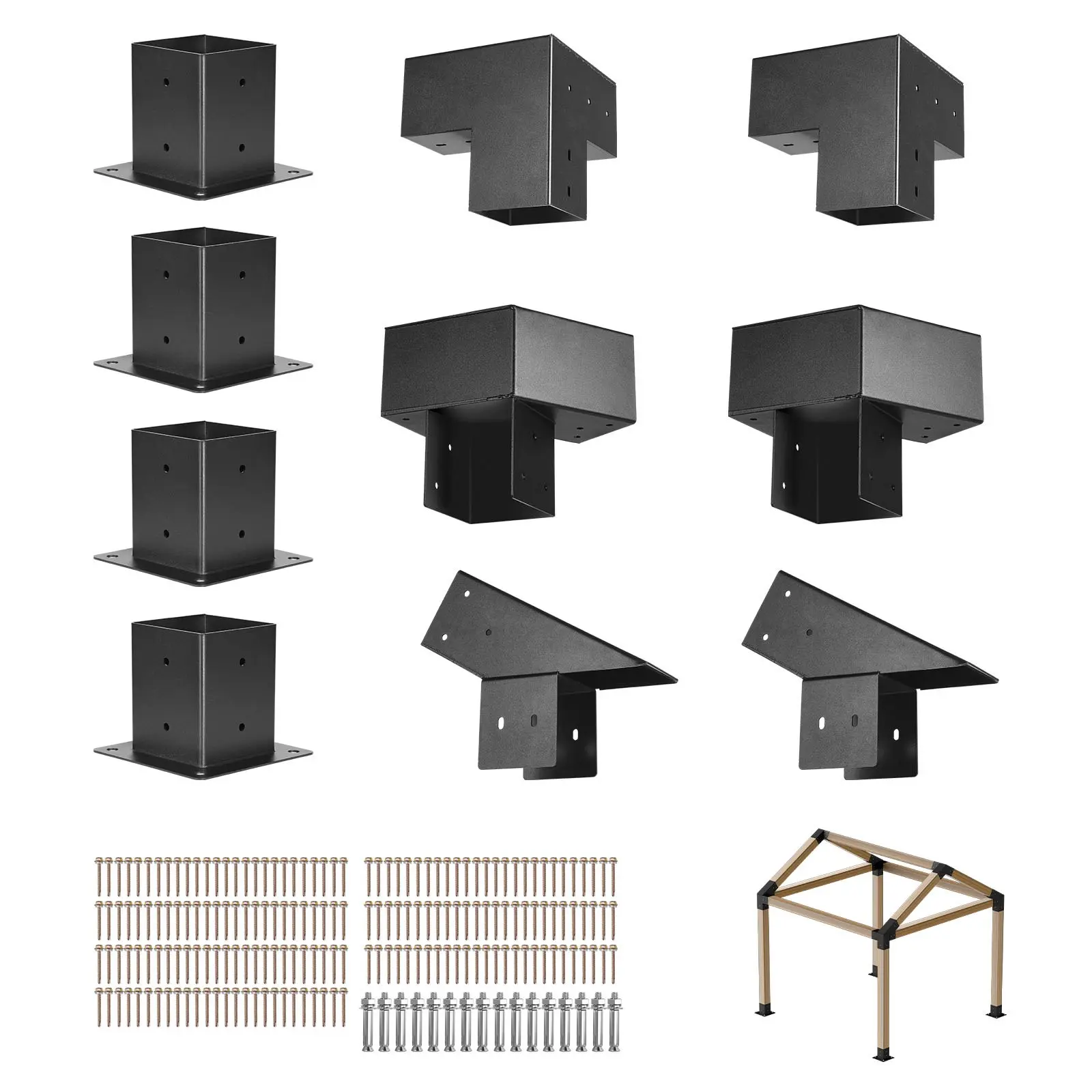 toolupgrade VEVOR 4x4 Inch Pointed-Roof 3-Way/4-Way Metal Pergola Brackets Kit, Fits 3.5x3.5 In Actual Size Lumbers, Includes Post Bases & Ridge Parts, 14 Pcs for Outdoor Structures, Metal Brackets
