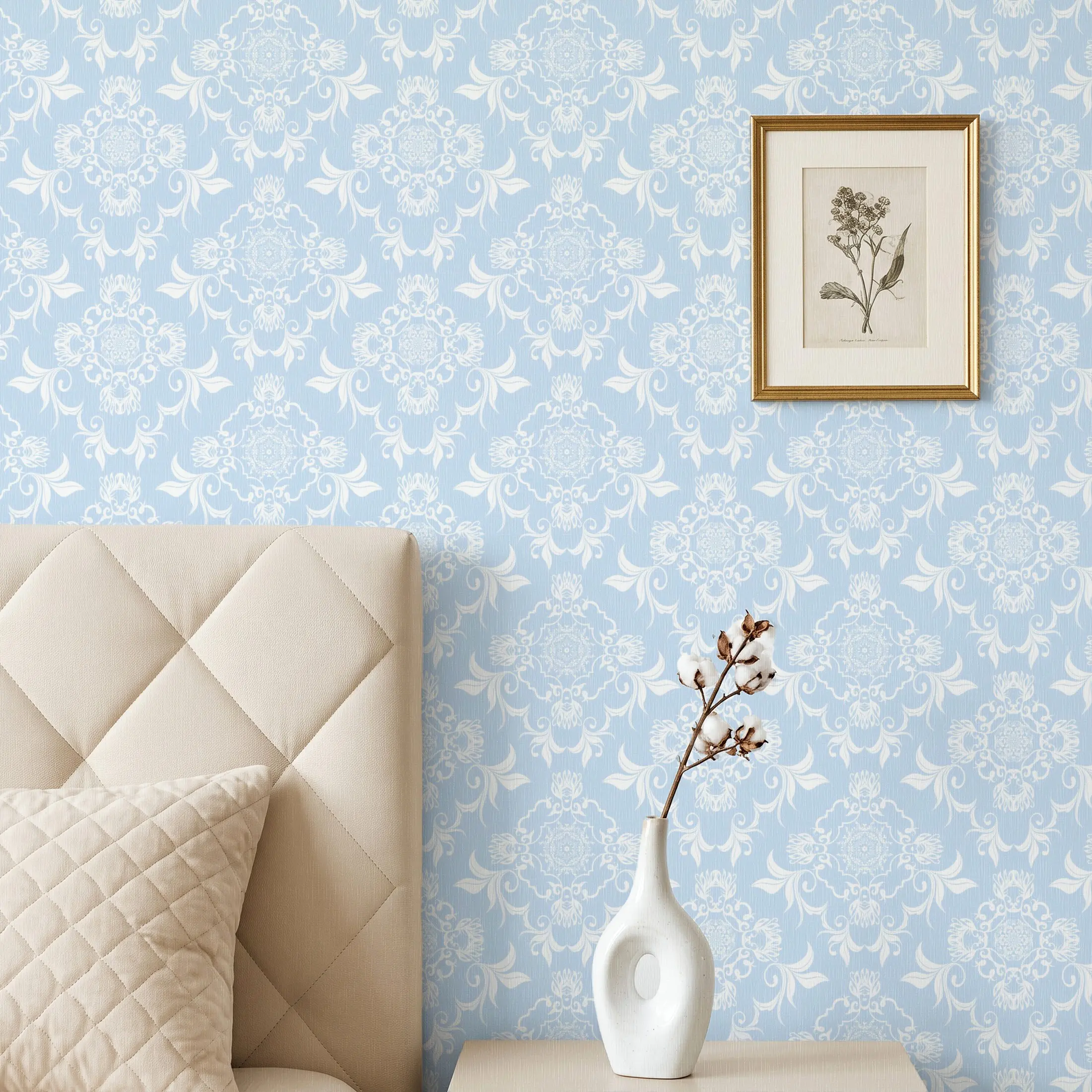 44.5cm/17.5in Wide Light Blue Damask Peel and Stick Wallpaper, Linen Texture Seamless Splicing Waterproof Glue-Free Wall Sticker, Easy to Cut No Residue for Bedroom, Study, Dining Room & Furniture Makeover Removable Waterproof Wallpaper