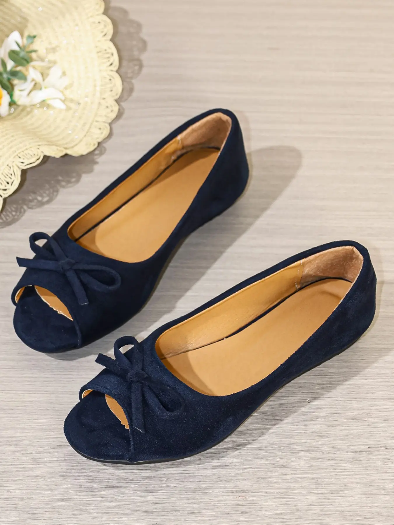 Women's Peep Toe Bow Decor Slip On Flats Soft Faux Suede Open Toe Casual Daily Walking Shoes 2 Colors Black Navy Blue
