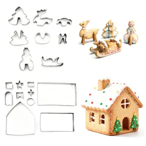 18 Piece Gingerbread House Biscuit Mold Set Gift Box Packaging 3D Stainless Steel Christmas House Sugar Flipping Cutting Tool Christmas House Christmas Tree Snowman Reindeer, Sled Shape