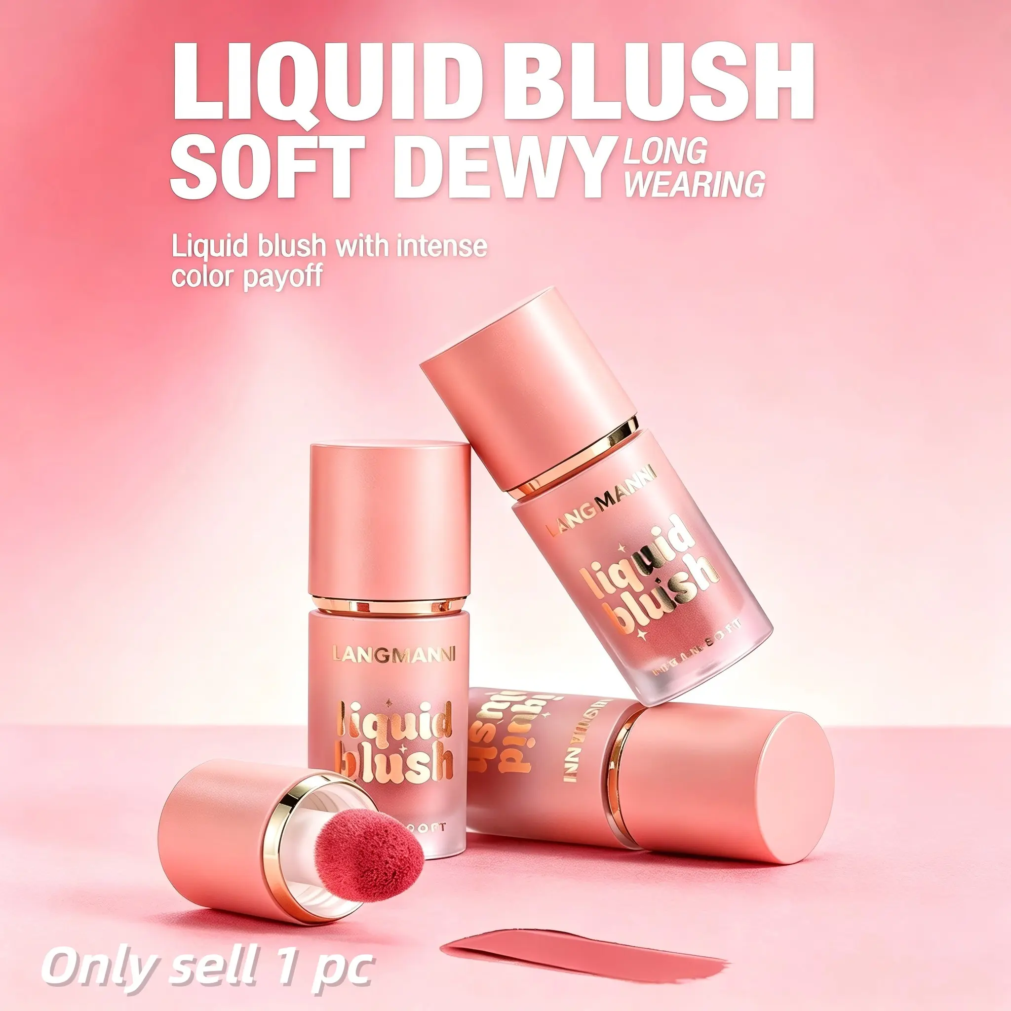 Dewy Finish Liquid Blush with Sponge Brush, Multi-Task Cheek Lip Eye Tint, Waterproof Long Lasting, Lightweight, Soft Color, All Skin Types, Makeup