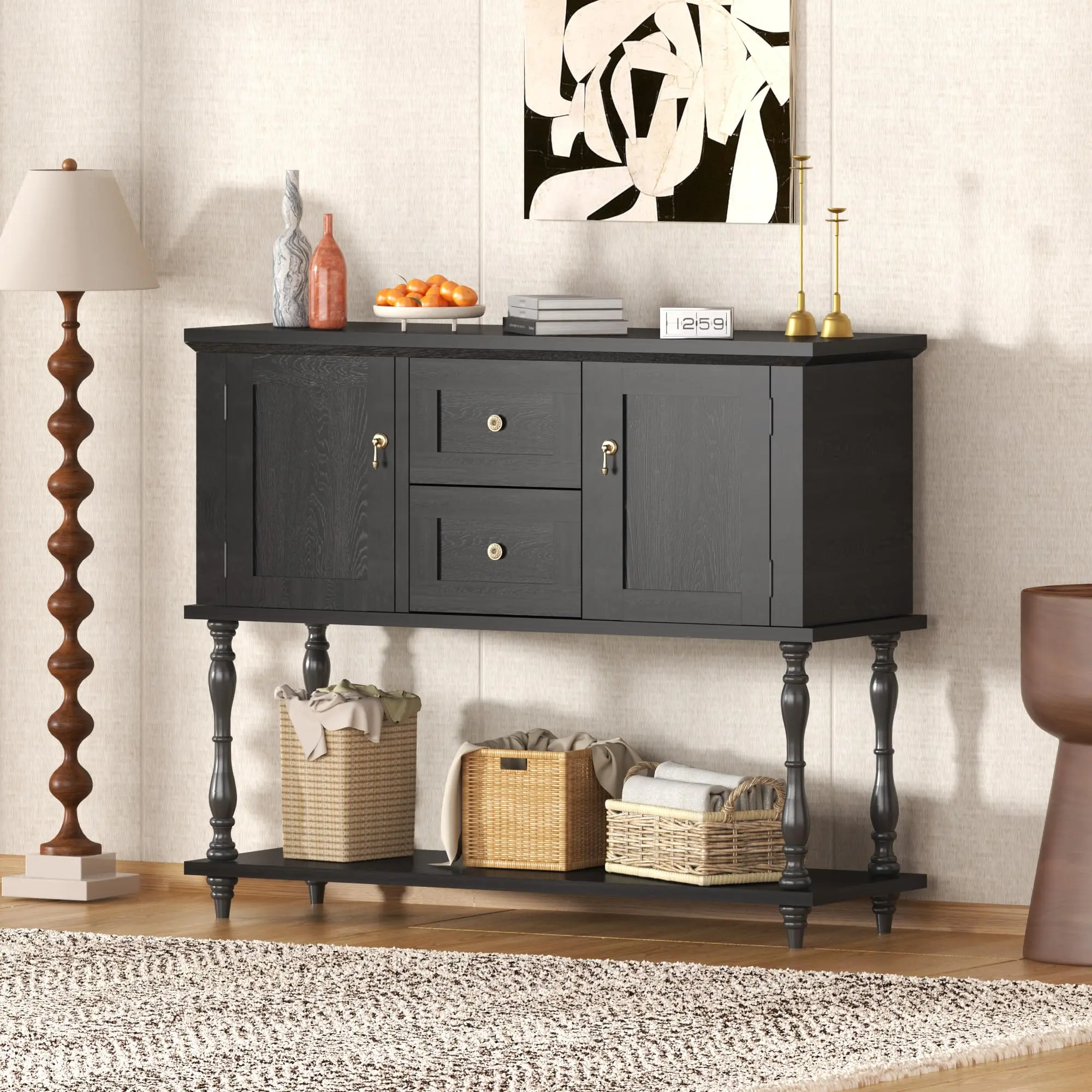 Garvee 42" Farmhouse Console Table with 2 Drawers, 2 Doors, and Bottom Storage Shelf - Antique Style Wood Entryway Cabinet for Hallway, Living Room, Kitchen, Black Finish