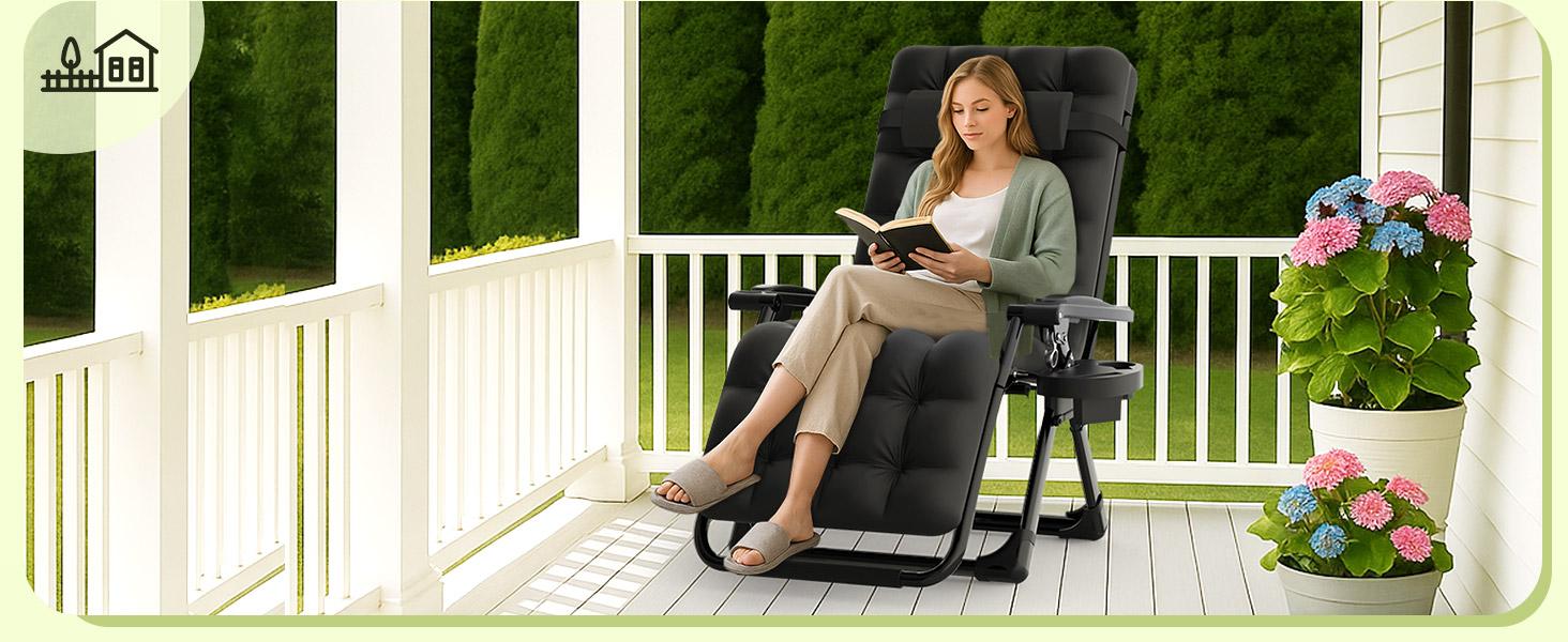 Zero Gravity Chair, Reclining Camping Lounge Chair w/Removable Cushion, Upgraded Lock and Cup Holder, Reclining Patio Chairs Folding Recliner for Indoor and Outdoor