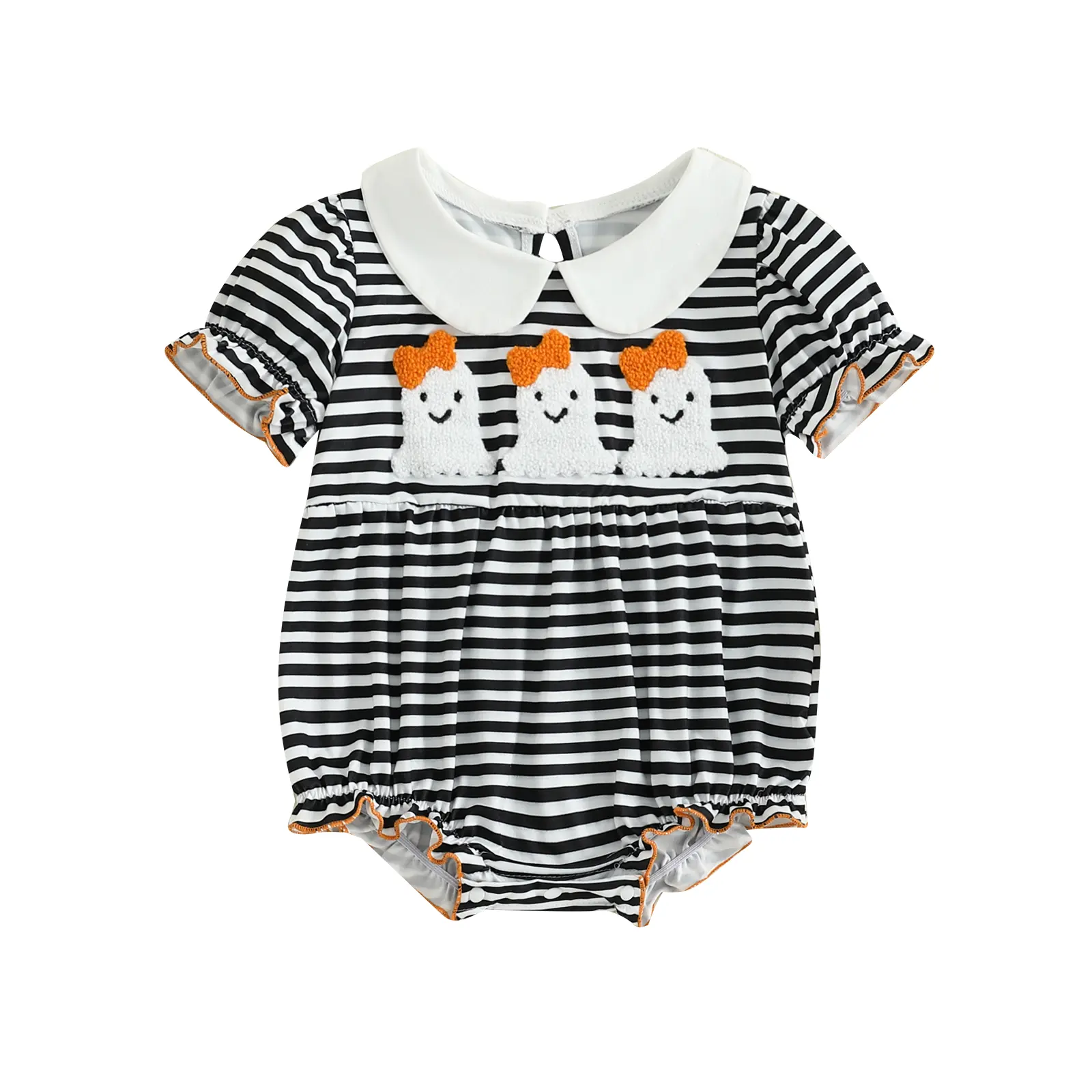 Canrulo Newborn Infant Baby Girl Halloween Outfits Embroidered Ghost Onesie Striped Smocked Bubble Romper Clothes