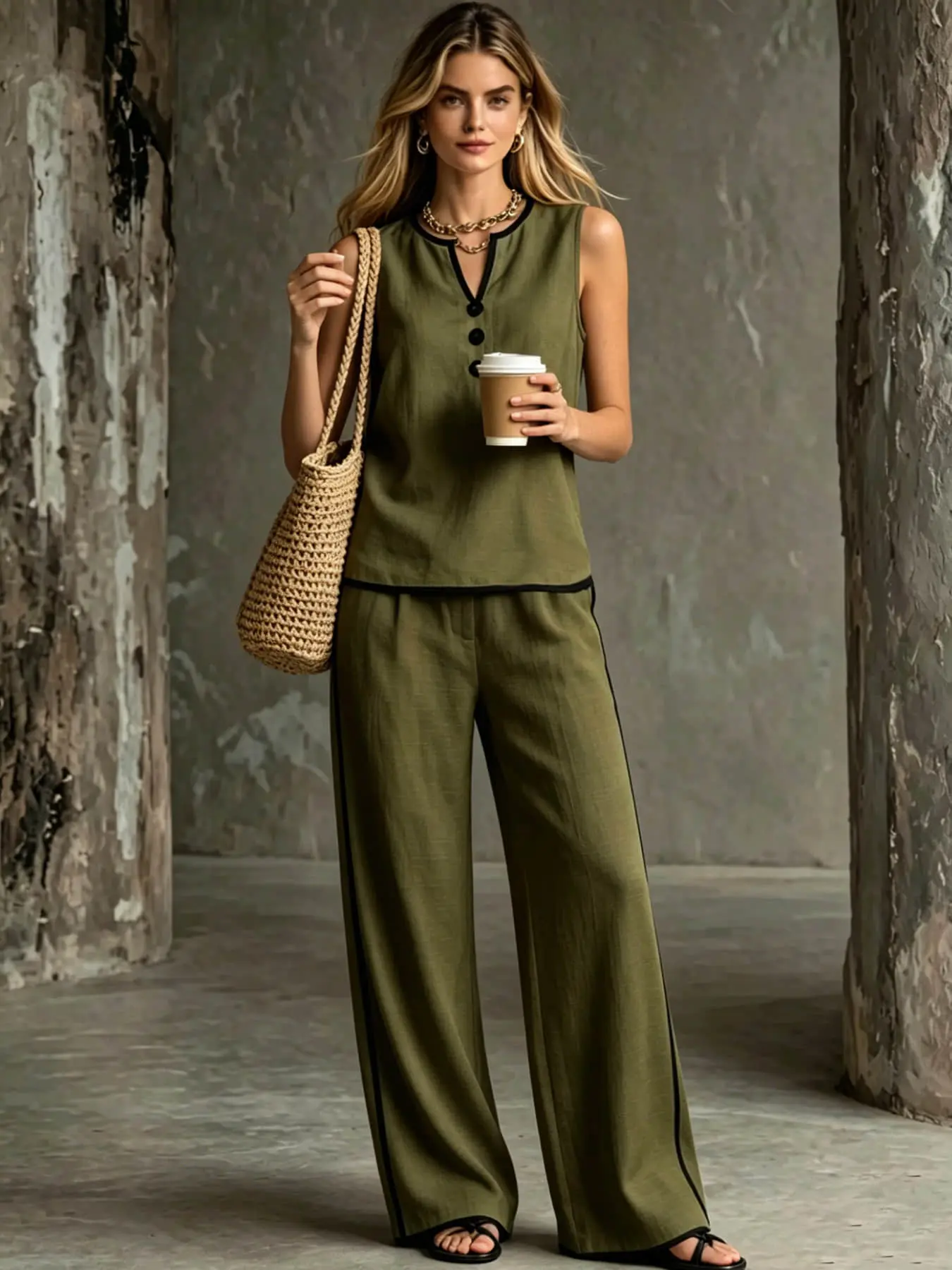 A two-piece women's fashionable Casual vacation style set featuring pure color contrast, including a small V-neck sleeveless vest and a draping wide-leg pants. Ideal for summer, camping, lawn picnics, walks, beach/vacation trips, and commuting.