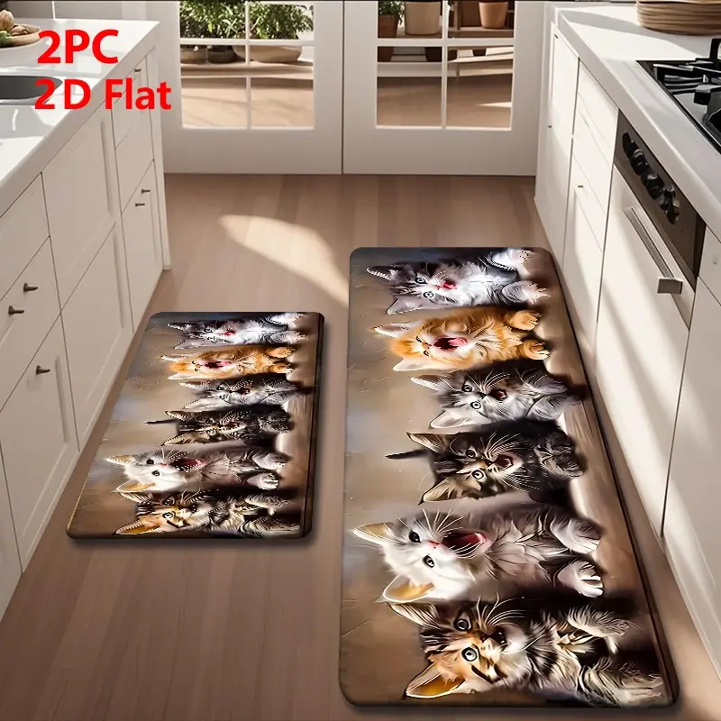 2/3 Piece Flannel Kitchen Floor Mat Set, Retro Background, Cat Design, Non-Slip, Absorbent, Home Decor