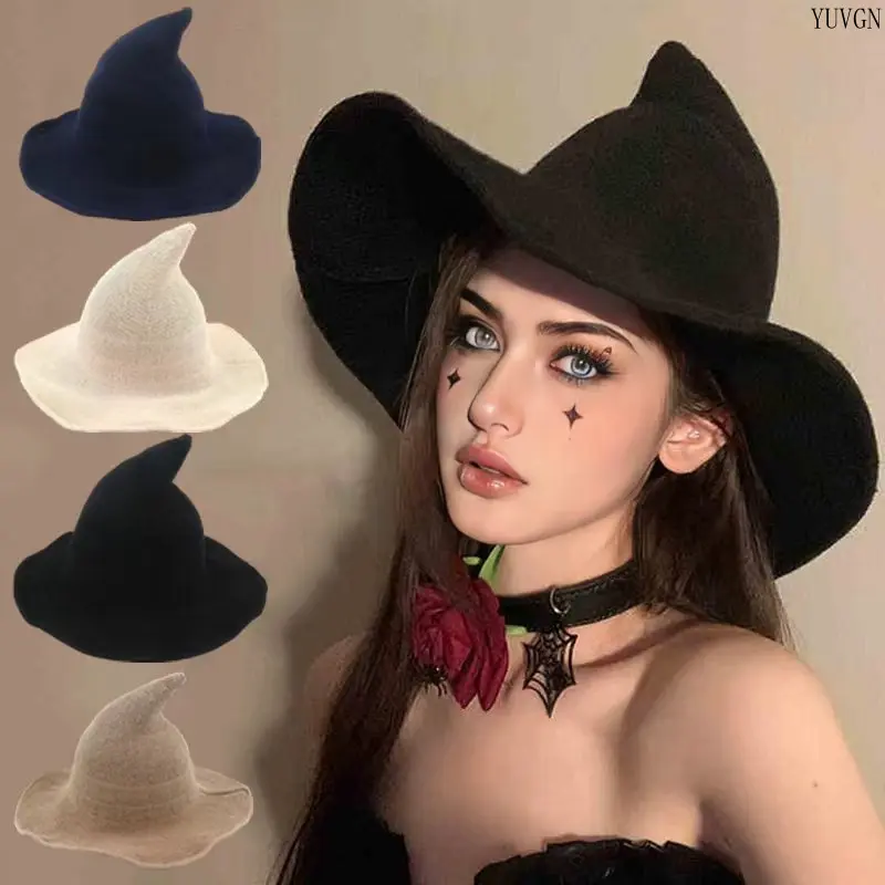 Knitted Pointed Witch Hat, Aesthetic Wide Brim Wizard Cap, Soft Stretch Knit Spooky Headwear, Trendy Goth Costume Accessory, Suitable for Halloween Party, Cosplay, Daily Outfit, Festival Photo‑Shoots