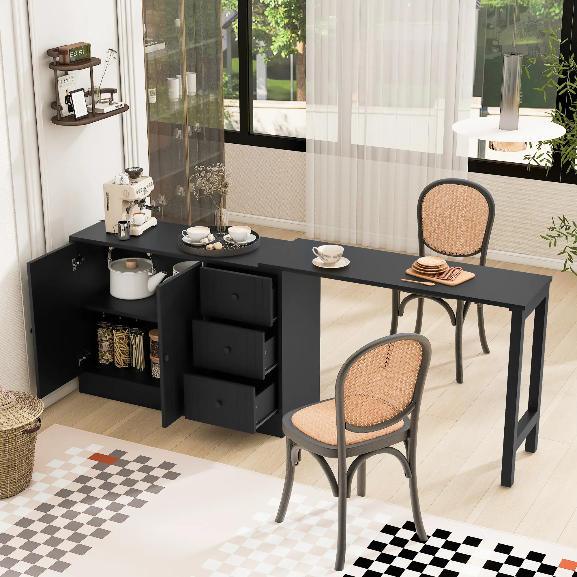 Nokaa 89.7'' Wooden Sideboard with Extendable Table, Multifunctional Storage Cabinet with 2 Doors and 3 Drawers, Buffet Server for Living Room, Dining Room, Kitchen, Study, Foyer, Entryway, Home Office, Bedroom, Multiple Finishes Available