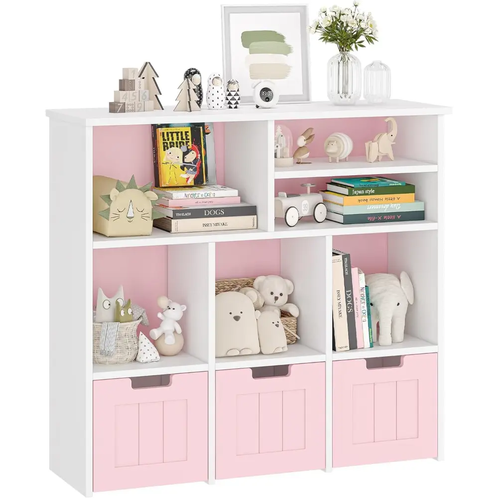 White White Toy Storage Cabinet, Children's Toy Shelf with 3 Movable Drawers & 6 Cubes & Hidden Wheels, Kids Bookshelf Bookcase Toy Storage Organizer