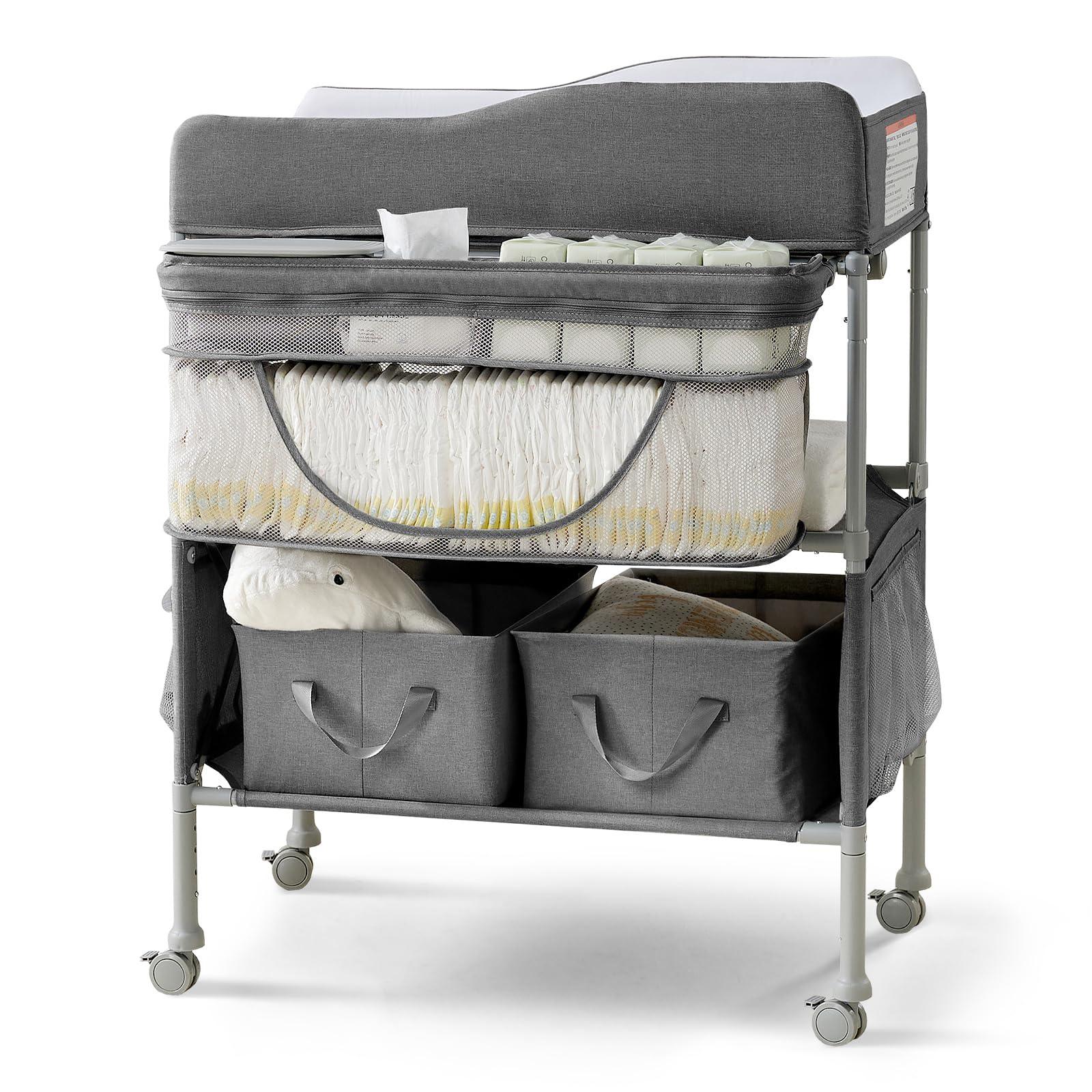 Portable Changing Table  Foldable Dresser Station For Waterproof Diaper Pad Topper Mobile Organizer Darkgrey