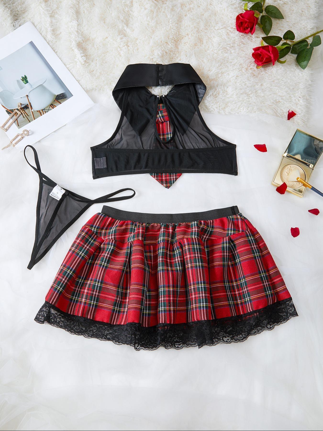 Women's Plaid Print Sheer Lace Sexy School Girl Lingerie Set, Breathable Elegance Romantic Sexy Tie Decor Halter Crop Top & Thong & Contrast Lace Skirt Set, Sexy Underwear Sets for Women, Lingerie for Women, Womenswear