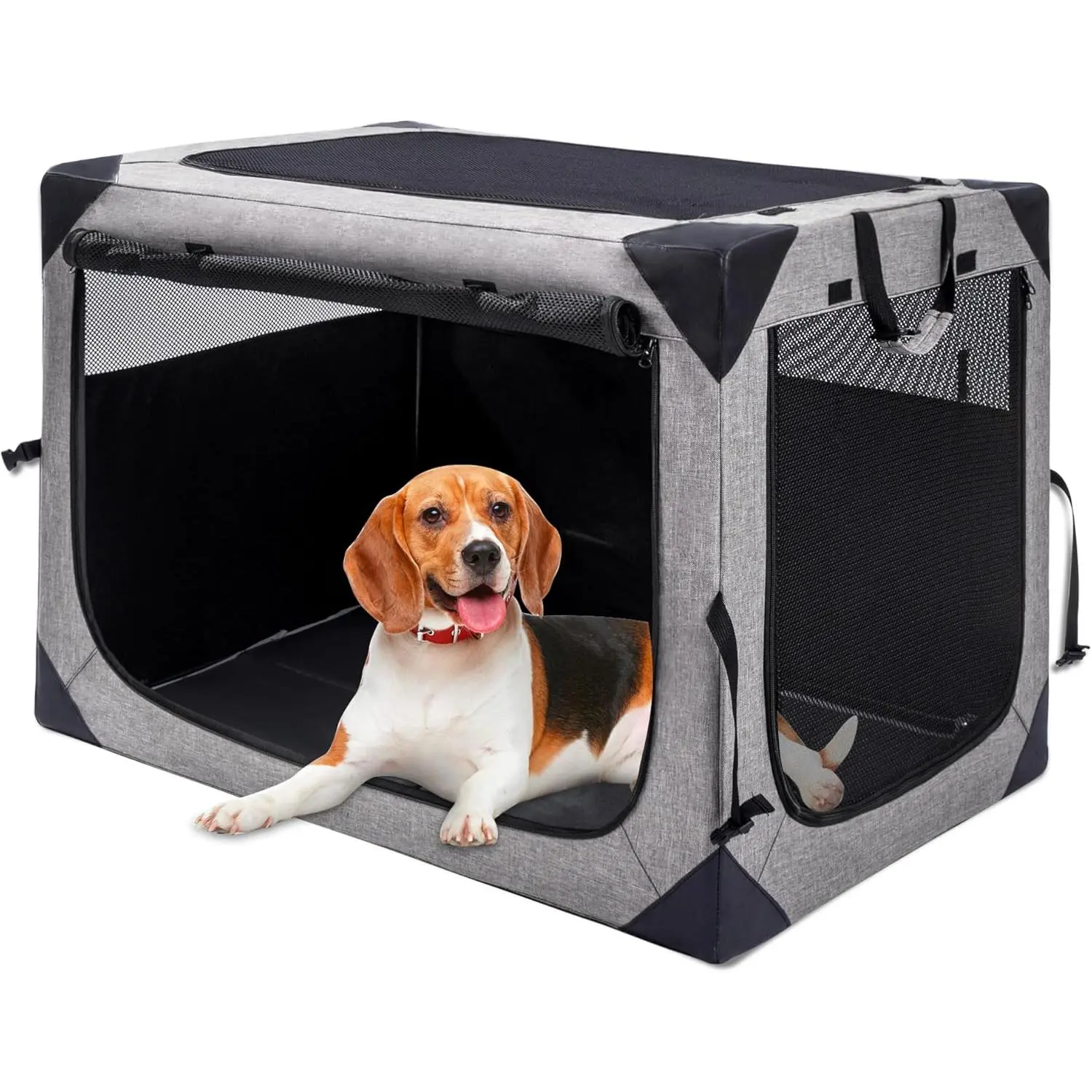 36-Inch Foldable Soft Dog Crate with Foldable Frame - 3-Door Collapsible Durable 620D Oxford Cloth Kennel for Large Dogs, Portable Indoor/Traveling Anti-Chewing Pet Cage with 360° Visibility Mesh Window, Double Handle, Easy-Clean Design