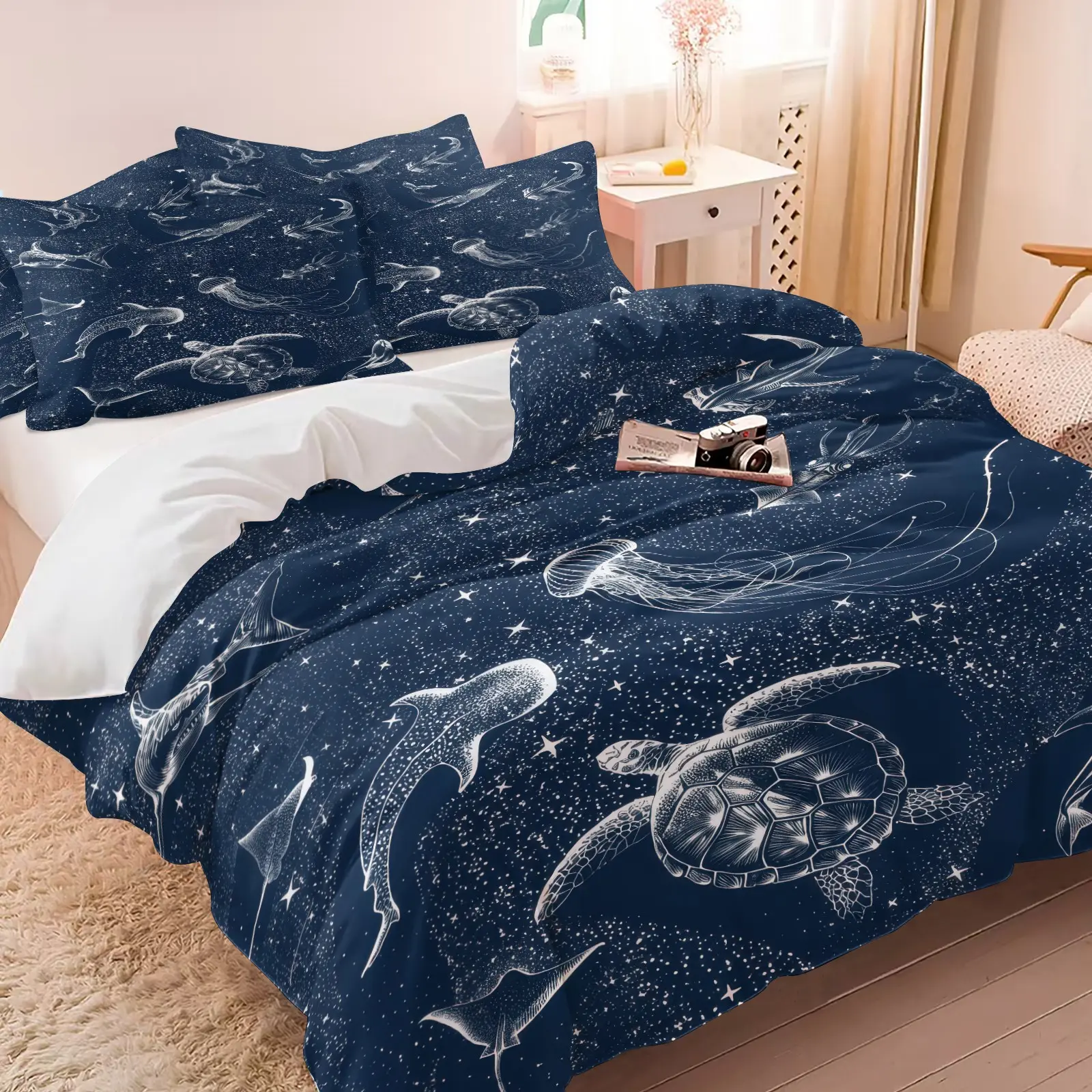 3PCS Navy Starry Ocean Sea Creature Duvet Cover Set (1 Duvet Cover + 1-2 Pillowcases), Dark Blue Base White Line Marine Animal HD Digital Print, Soft Cozy Skin-Friendly All Seasons Bedding, Perfect for Nautical Starry Kids Bedroom Decor