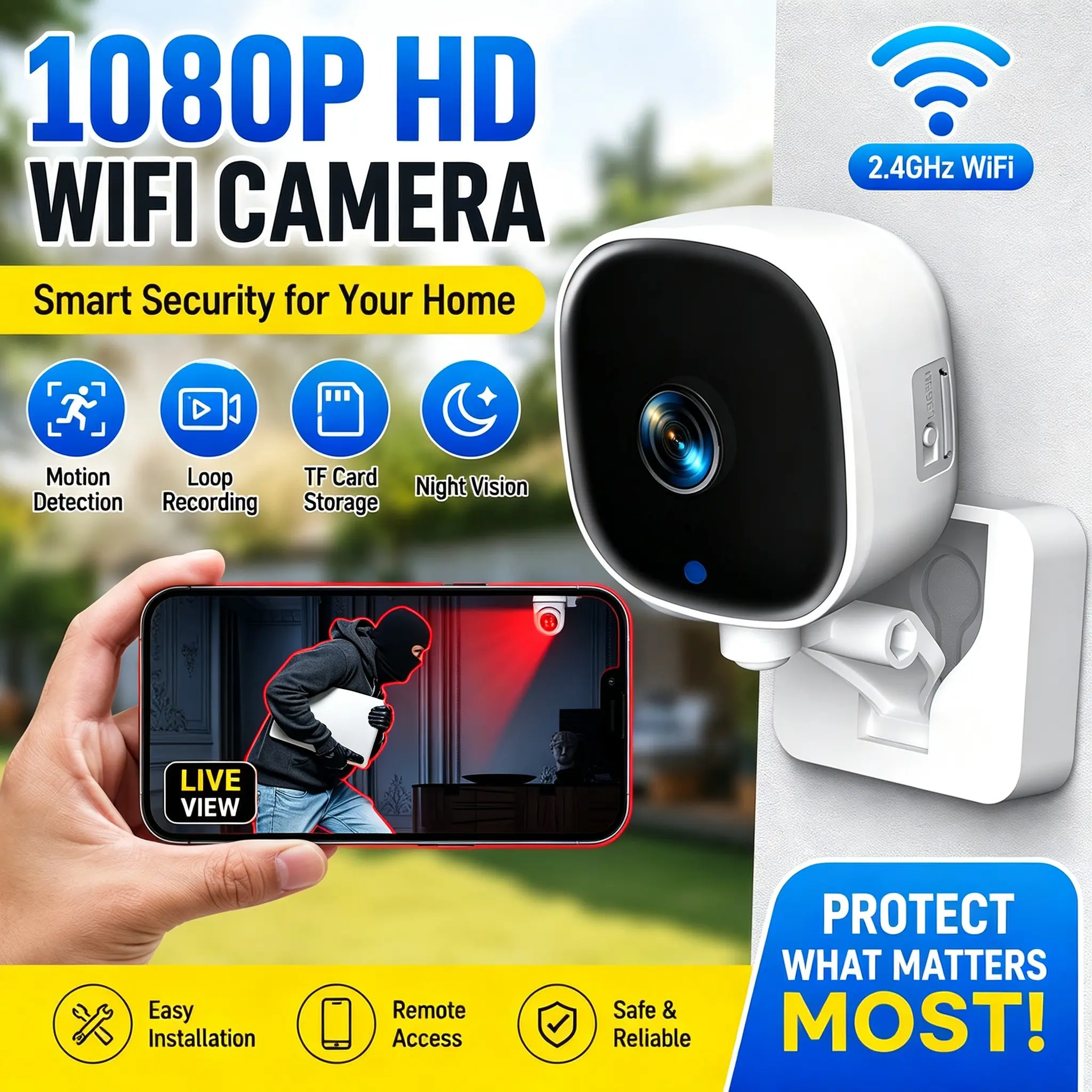 1080P WiFi Security Camera with 128GB Memory Card, Indoor Home Camera with Two Way Audio, Night Vision, Motion Detection, Smart Monitoring Camera for Baby, Pet and Home Security