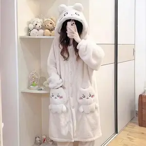 Anime chiikawa winter plush thick pajamas cartoon cute warm usag pajamas chiikawa coral fleece nightgown women's home suit set