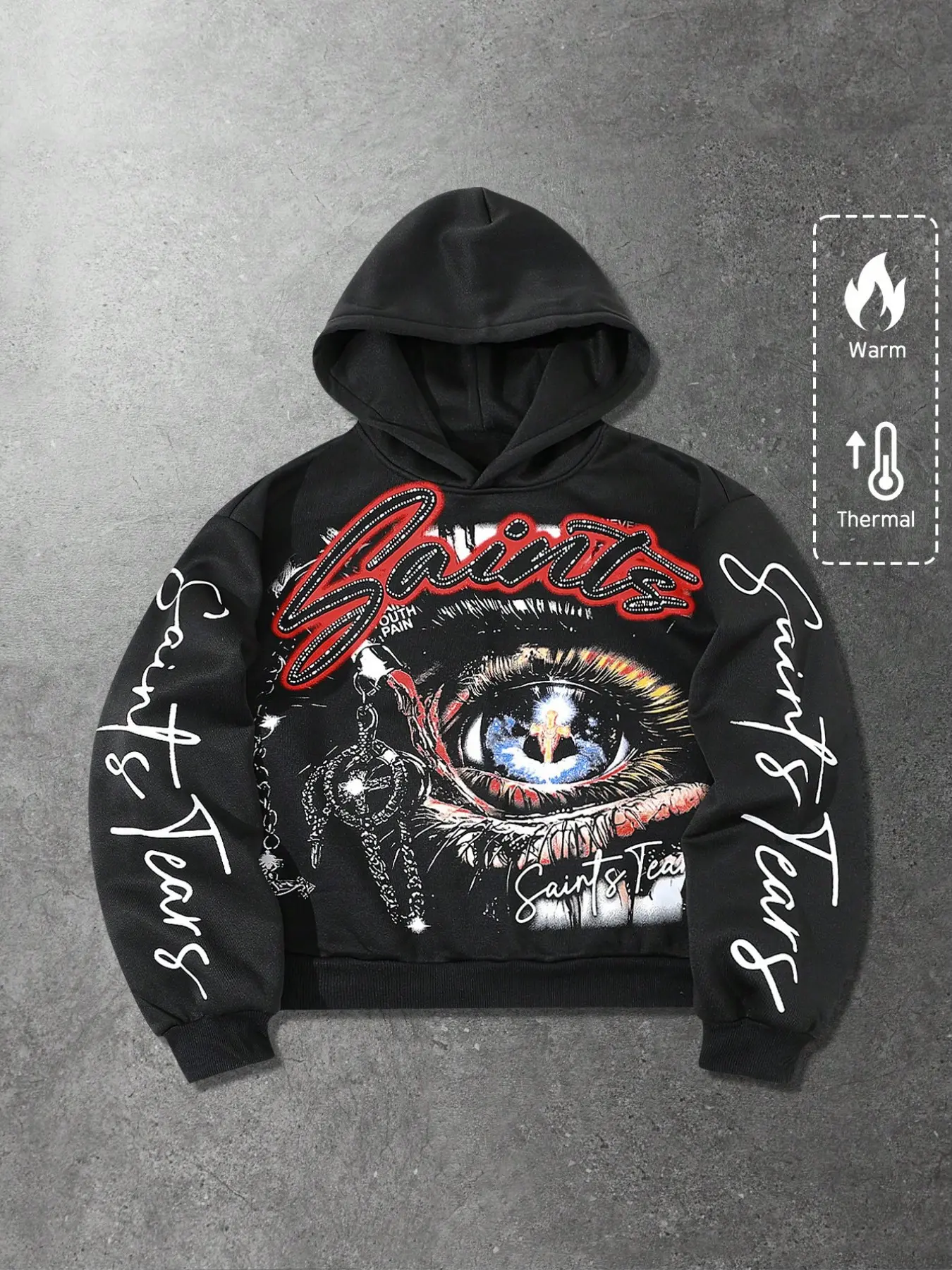 American Streetwear Dark Evil‑Eye Cross Rhinestone Cropped Hoodie, Subculture Saints Script Rhinestone Full‑Print Double‑Sleeve Letter Print Cropped Sweatshirt, Loose Drop‑Shoulder Unisex Streetwear Hoodie, Fall Winter Outfit, Couple Matching, Gift