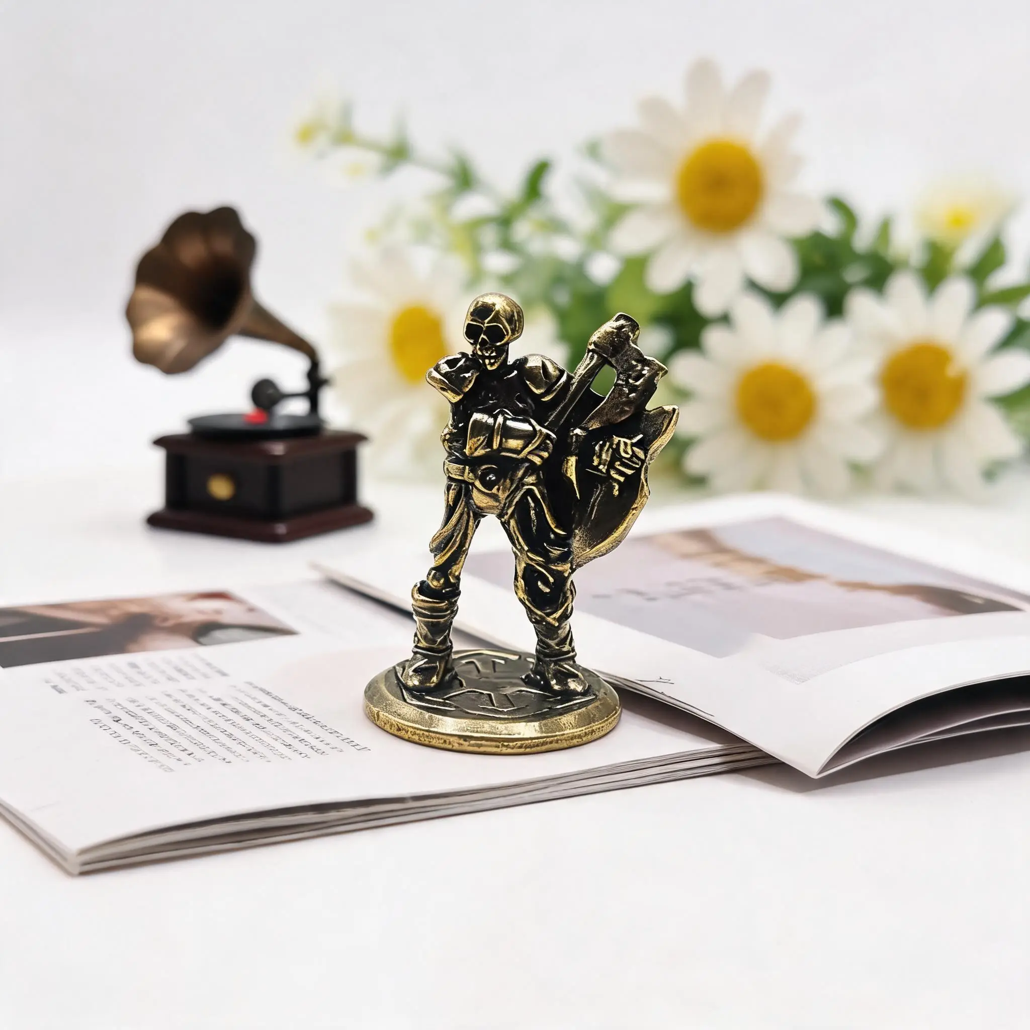 Vintage Brass Skeleton Warrior Figurine, Decorative Statues, Desktop Decoration, Car Ornament, Perfect Gift, Small Brass Craft, Skeleton Soldier Statue, Home Decoration, Skull Design, Home Ornaments, Office Home Decor, Statue Figurines, Figure Decor