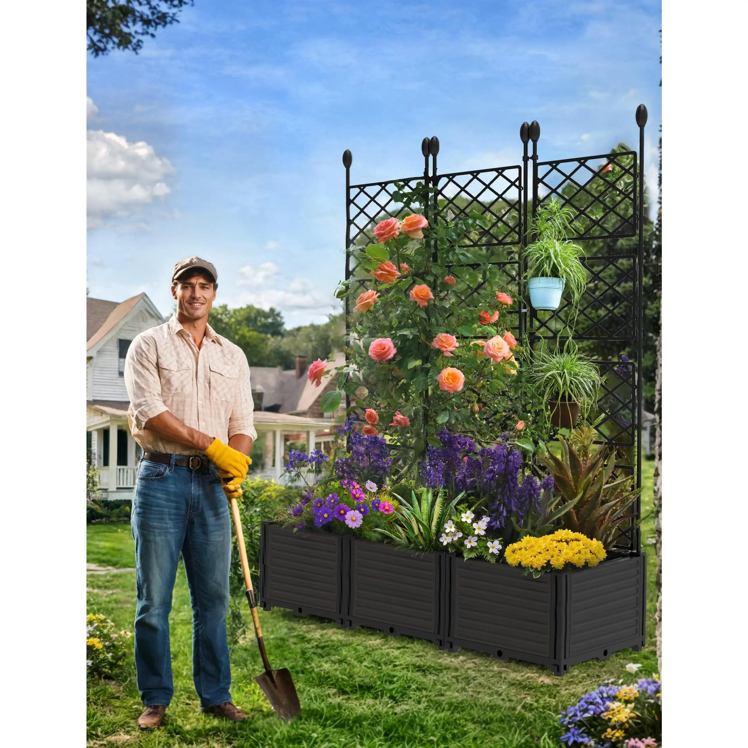 Modern Modular Raised Garden Bed with Metal Trellis, Climbing Plant Stand, Raised Bed Planters, Elevated Planter & Privacy Screen for Compact Outdoor Veggies, Flowers