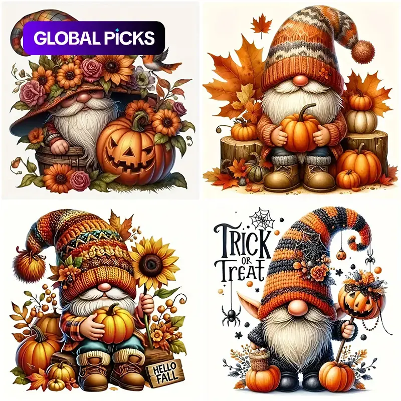 4pcs Halloween Dwarf Gnome Pumpkin Diamond Painting Kit, Adult Engaging Art Craft Set, DIY Craft Supplies, DIY Crafting 5D Round Drill Home Wall Seasonal Decorations, Beginner Friendly