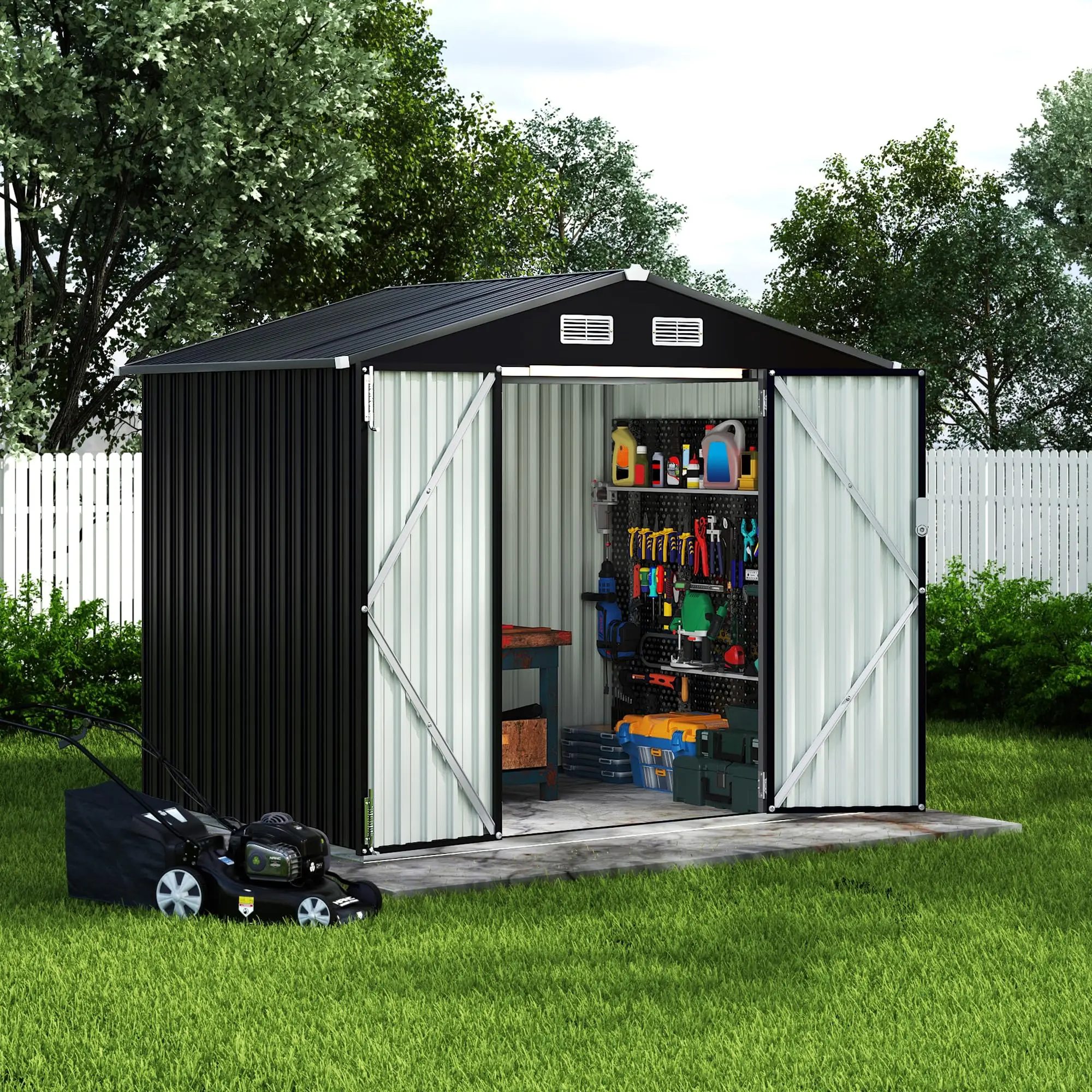 6x8 FT Heavy Duty Outdoor Metal Storage Outdoor Storage – Lockable Doors, Air Vents, Large Weatherproof Utility Building for Backyard, Patio, Lawn – Wind & Rain Resistant, UV Protection