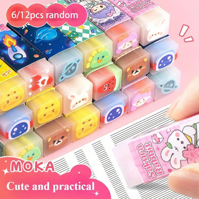 Cute Jelly Erasers/6/12pcs Vibrant Cute Cartoon Jelly Erasers/Cube-Shaped, No-Mark Cuttable Erasers for Students & Artist, Fruit, Flower & Animal Designs, Office Stationery
