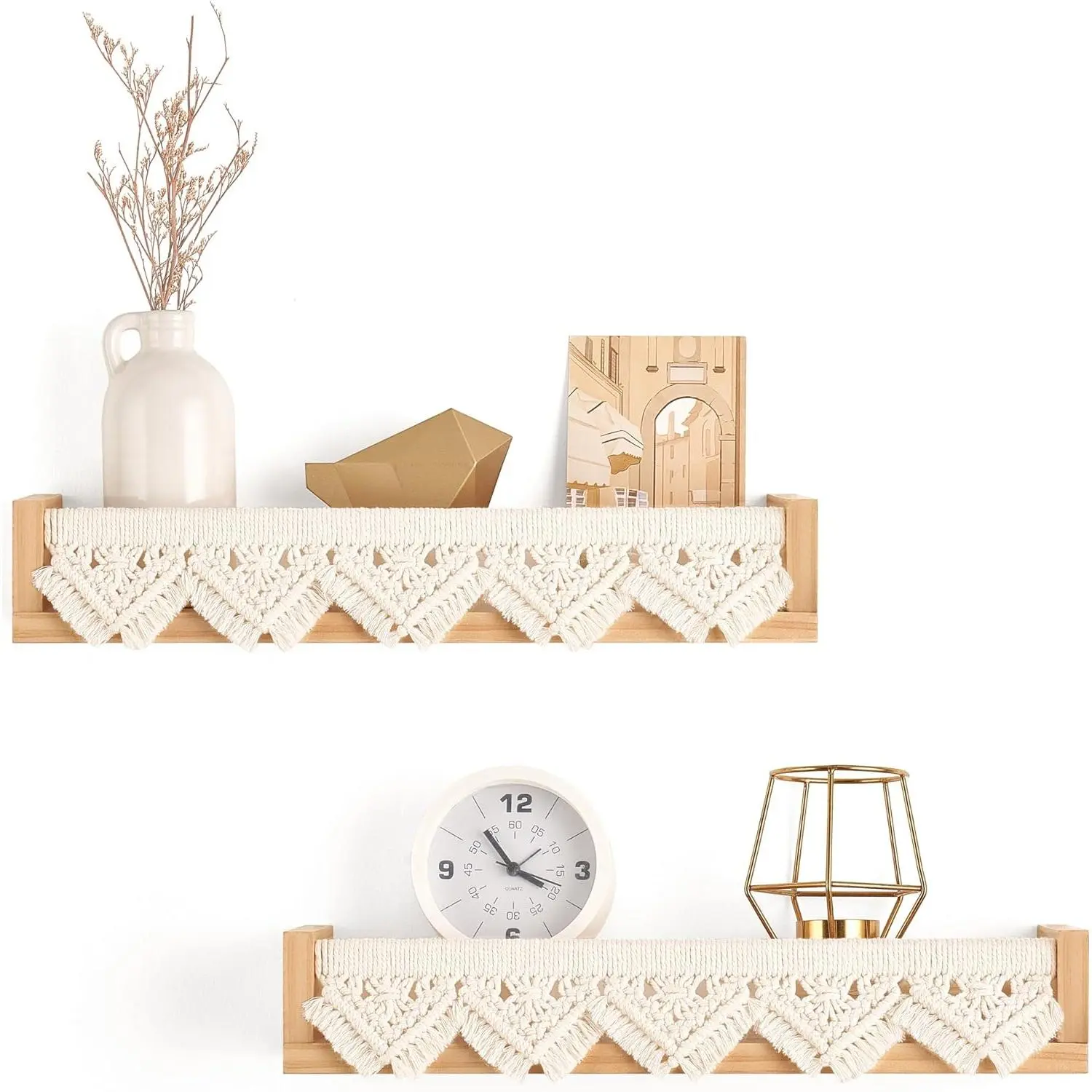 Mkono Hand-Woven Macrame Floating Shelves Set of 2 - Natural Wooden Hanging Storage Organiser, Boho Wall Decoration for Bedroom, Easy Installation for Displaying Plants, Photos